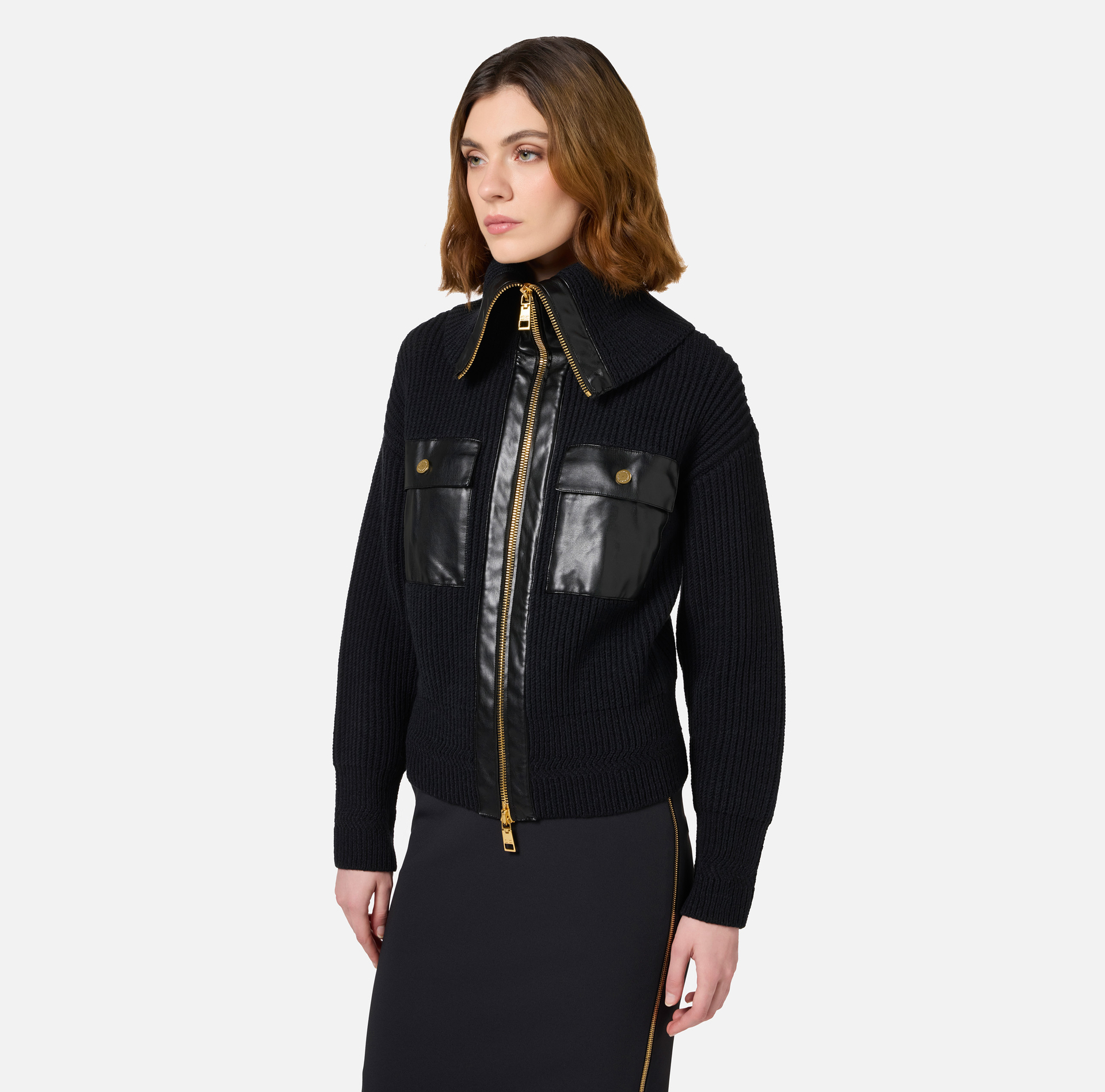Cardigan aus Wolle im Patentmuster mit Maxi-Reißverschluss - Elisabetta Franchi® Outlet