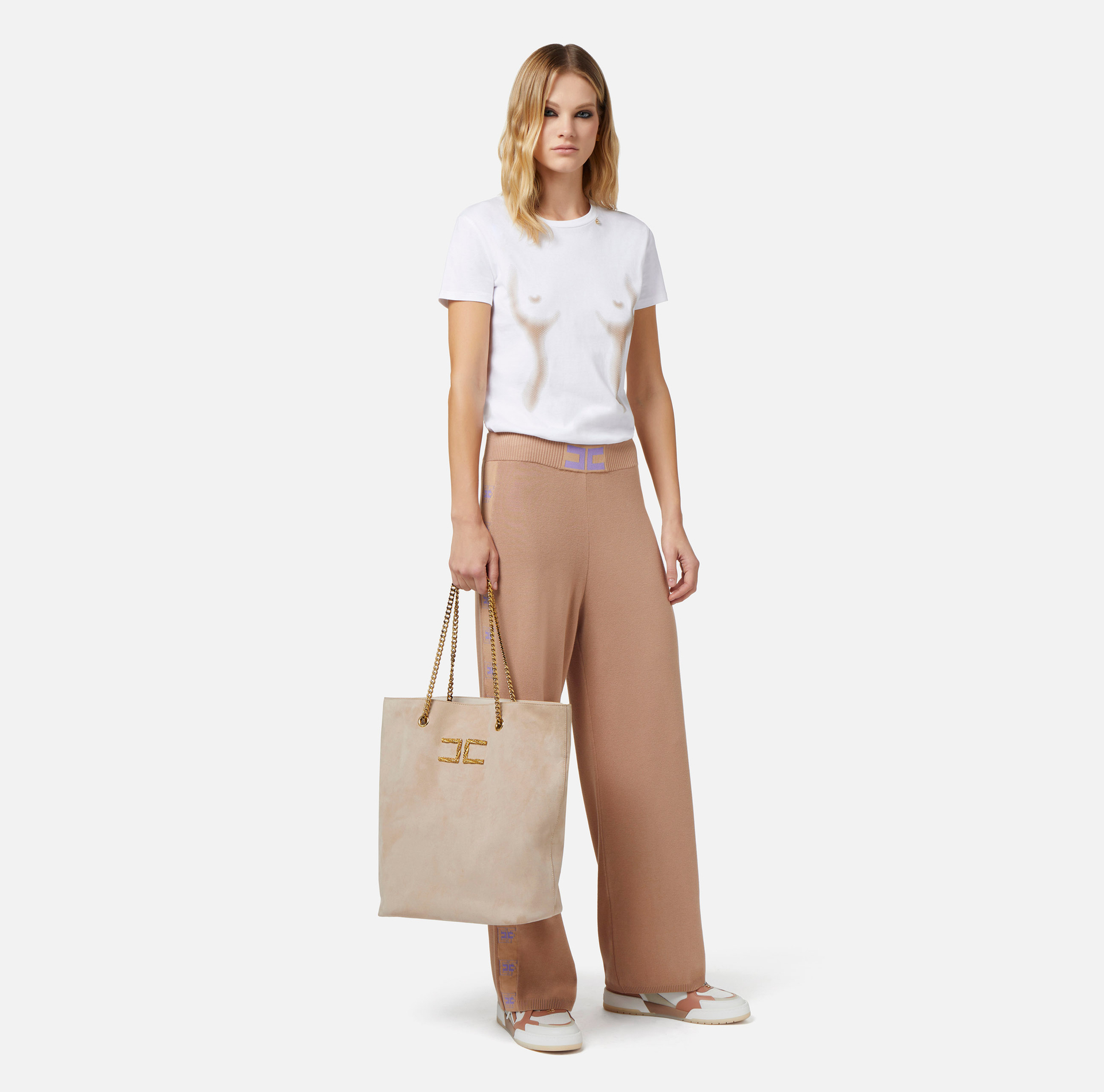 Viscose palazzo trousers with logoed bands - Elisabetta Franchi® Outlet