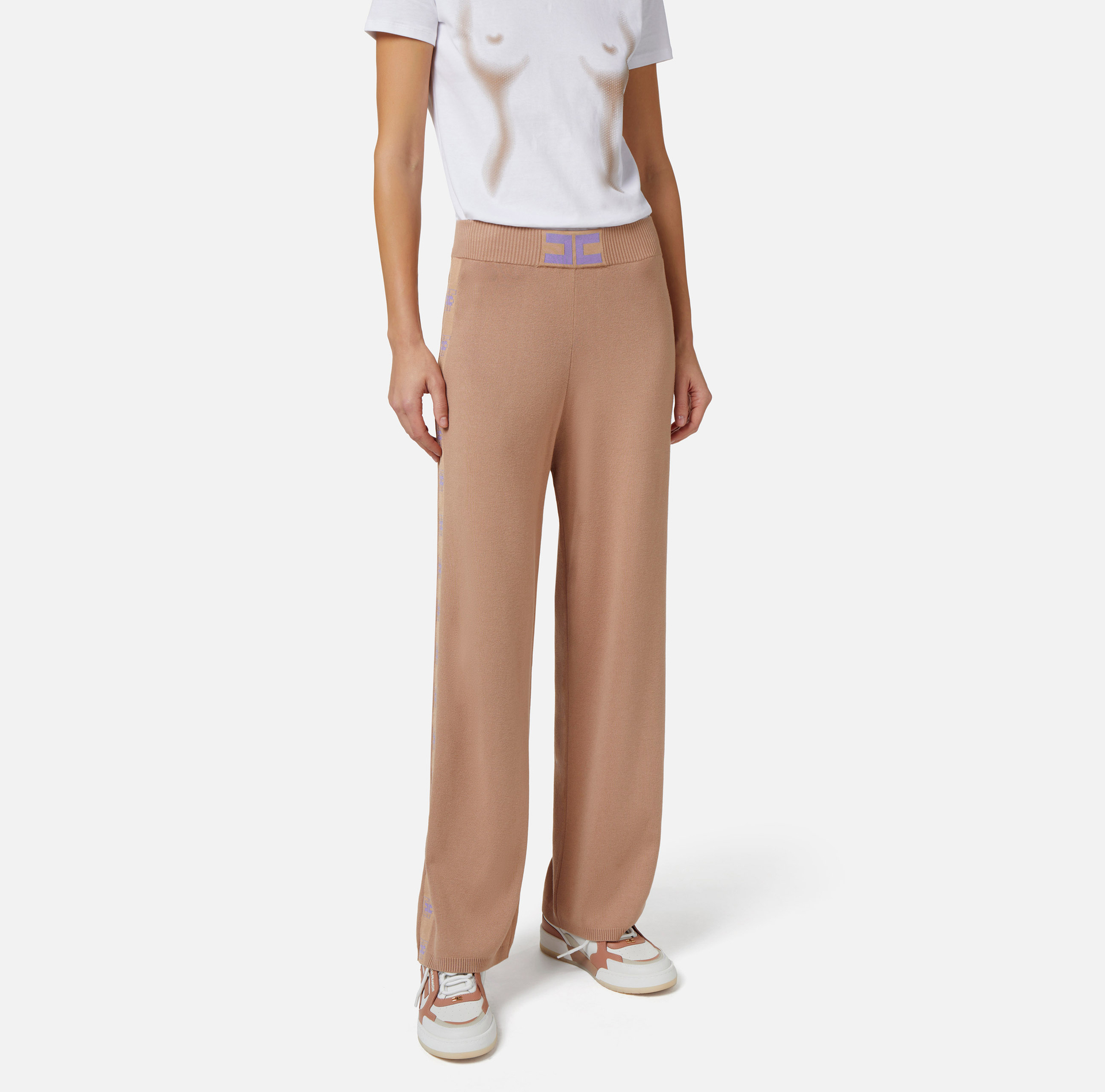 Viscose palazzo trousers with logoed bands - Elisabetta Franchi® Outlet