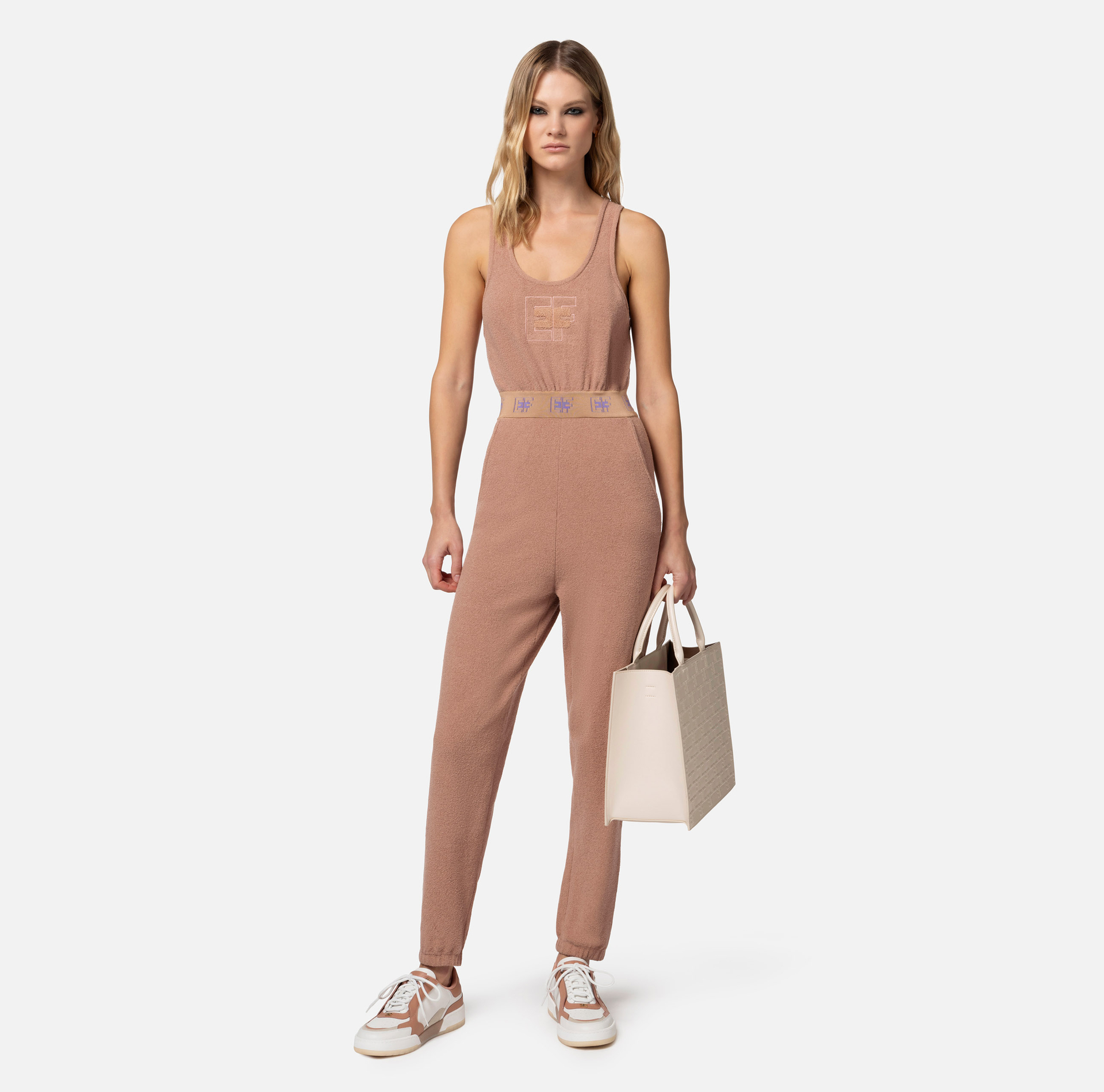 Jumpsuit in cotton fabric with logoed bands and embroidery - Elisabetta Franchi® Outlet
