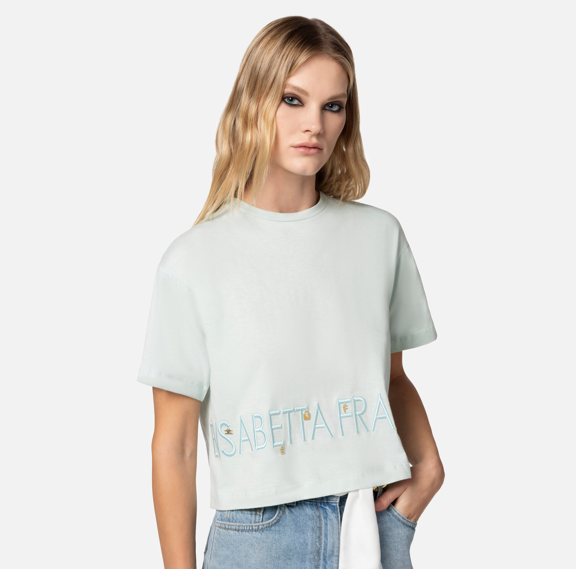Jersey t-shirt with logo and charms - Elisabetta Franchi® Outlet