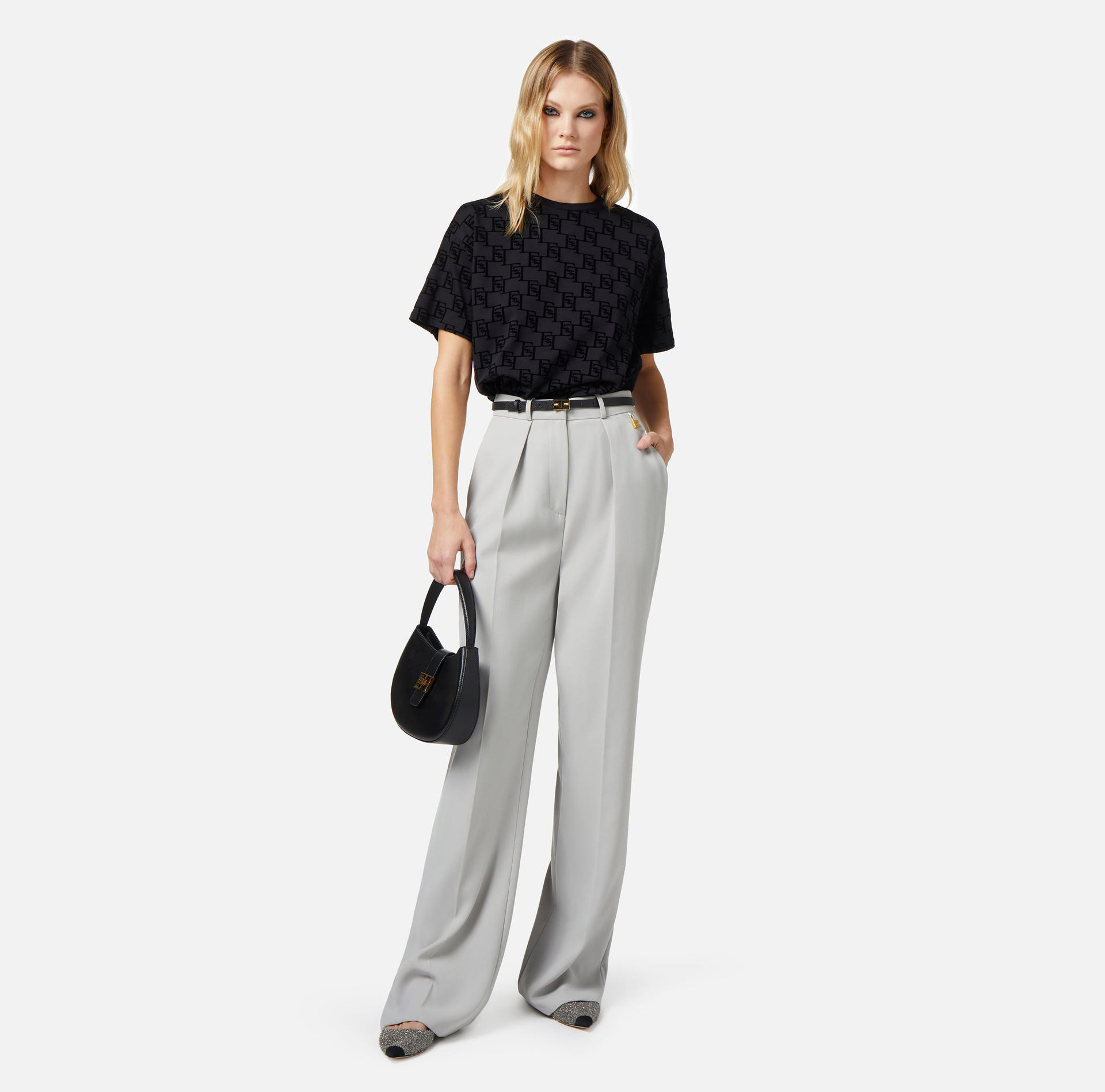Jersey t-shirt with flock logo print - Elisabetta Franchi® Outlet