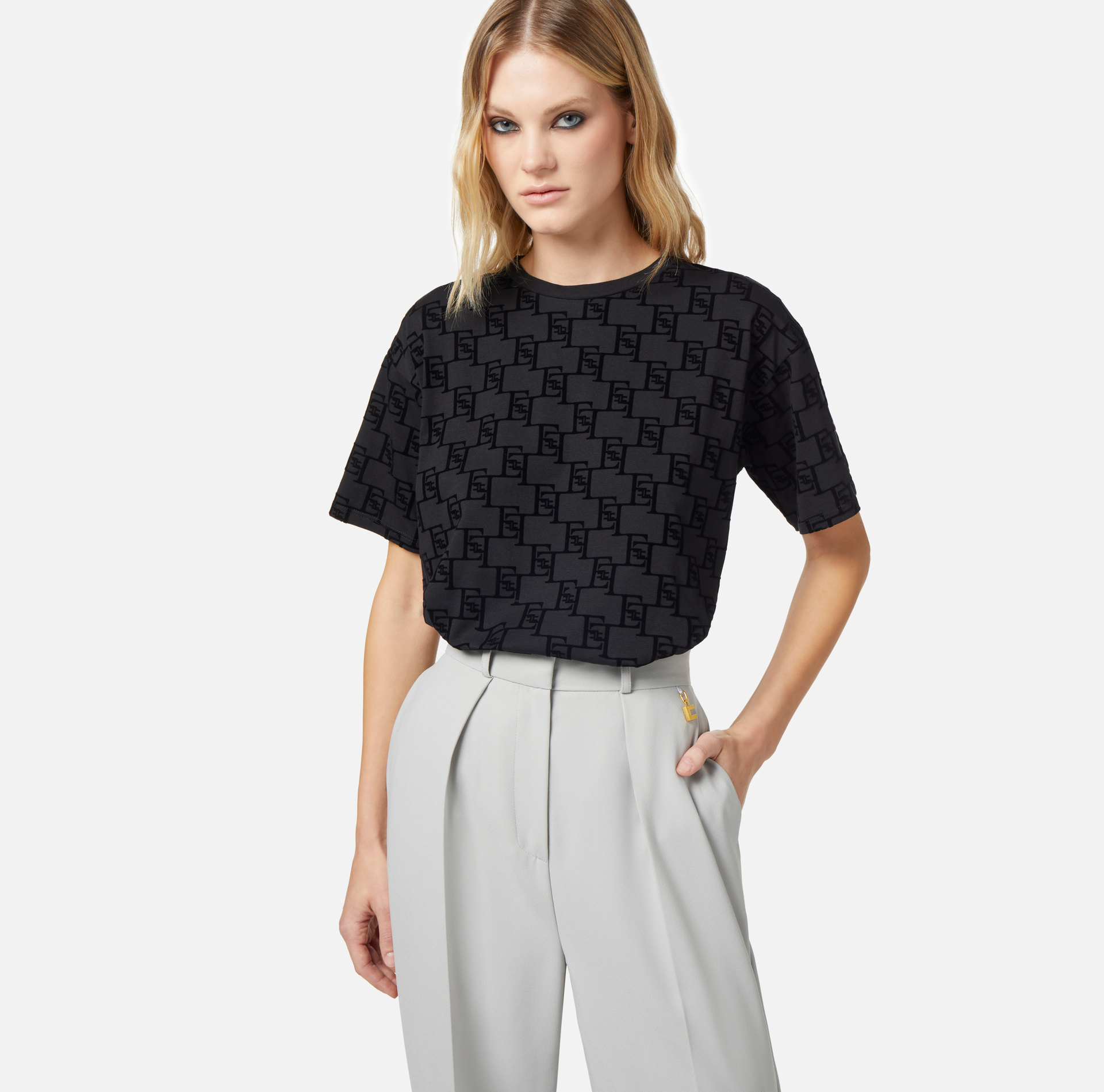 Jersey t-shirt with flock logo print - Elisabetta Franchi® Outlet