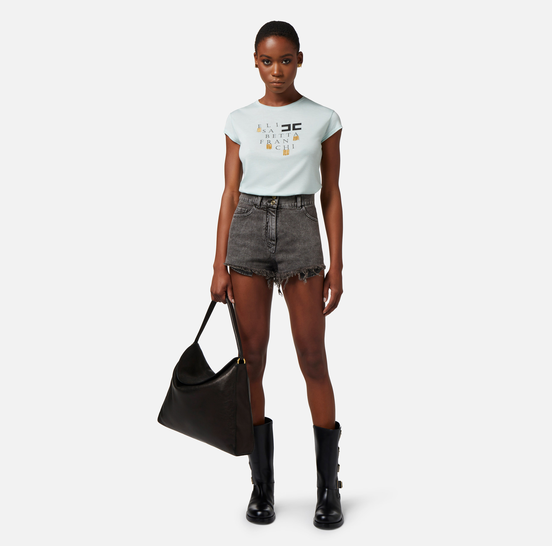 Jersey t-shirt with logo and fringes - Elisabetta Franchi® Outlet