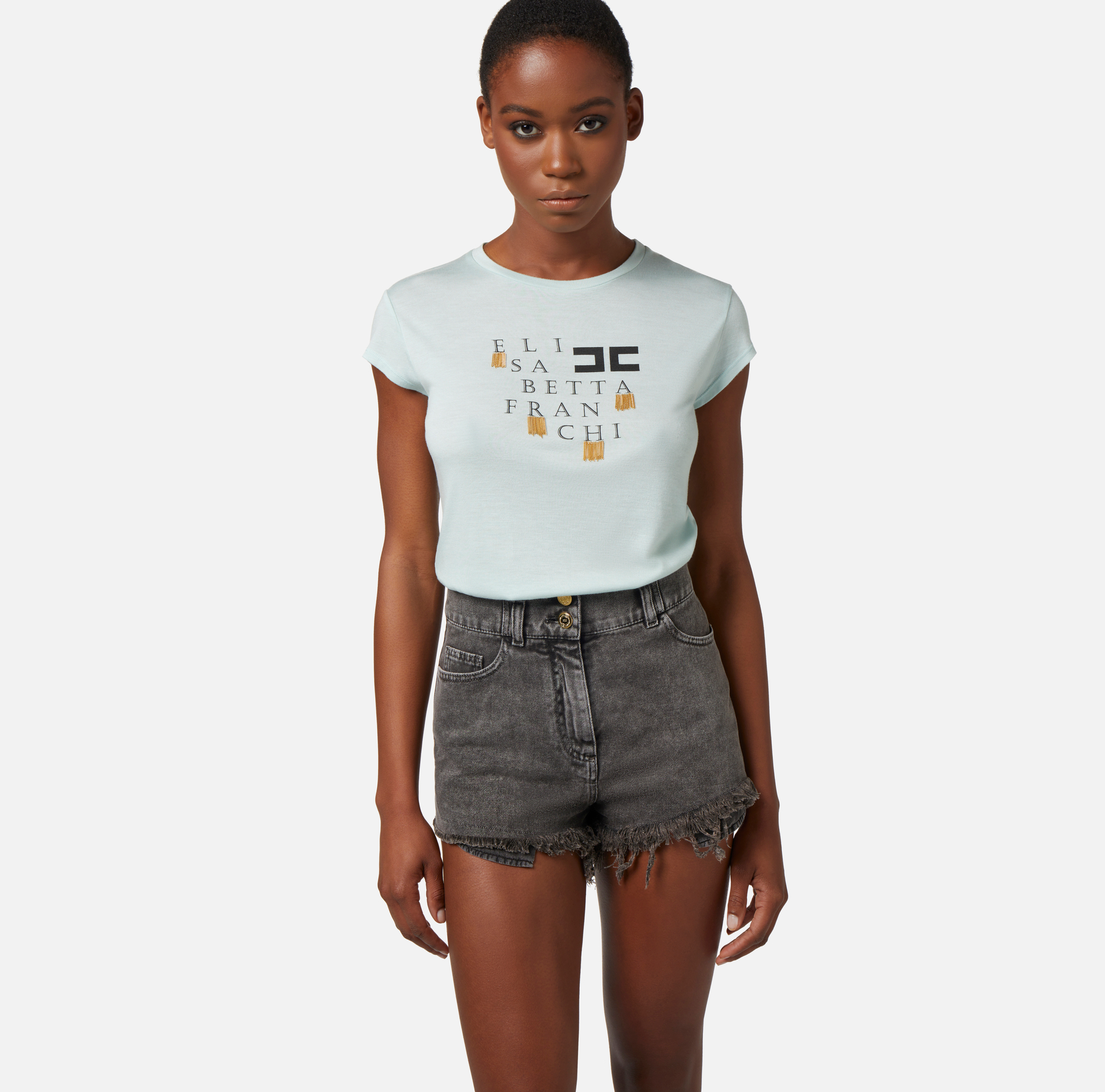 Jersey t-shirt with logo and fringes - Elisabetta Franchi® Outlet