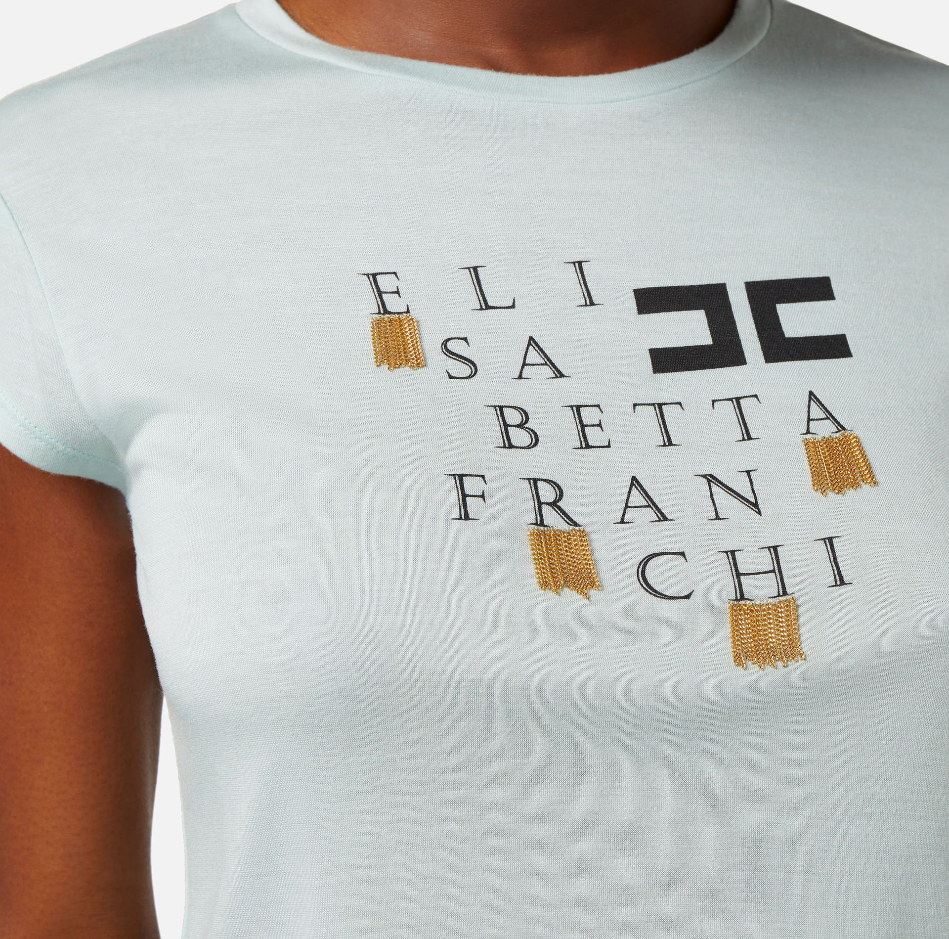 Jersey t-shirt with logo and fringes - Elisabetta Franchi® Outlet
