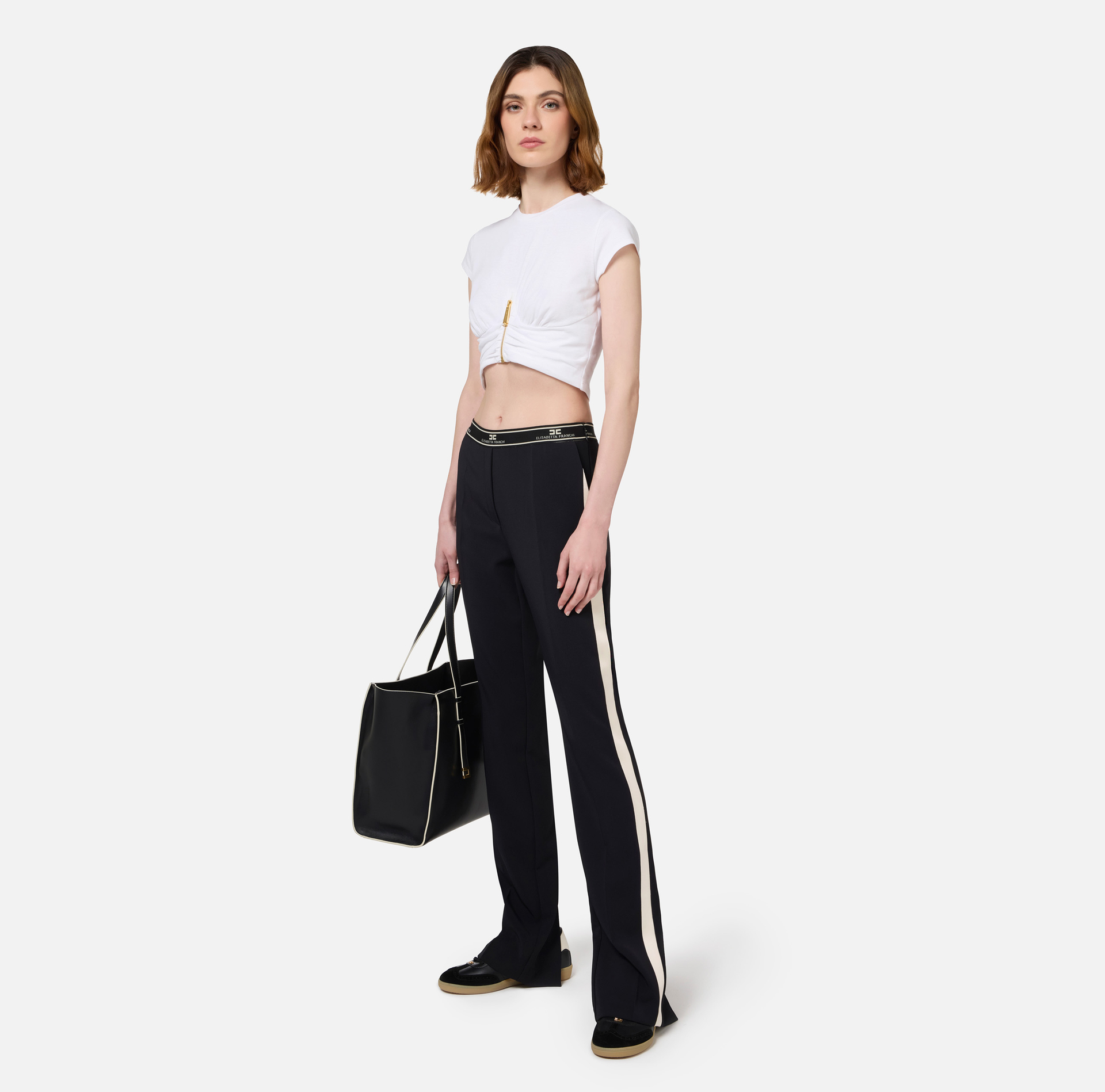 T-shirt cropped in jersey con zip - Elisabetta Franchi® Outlet