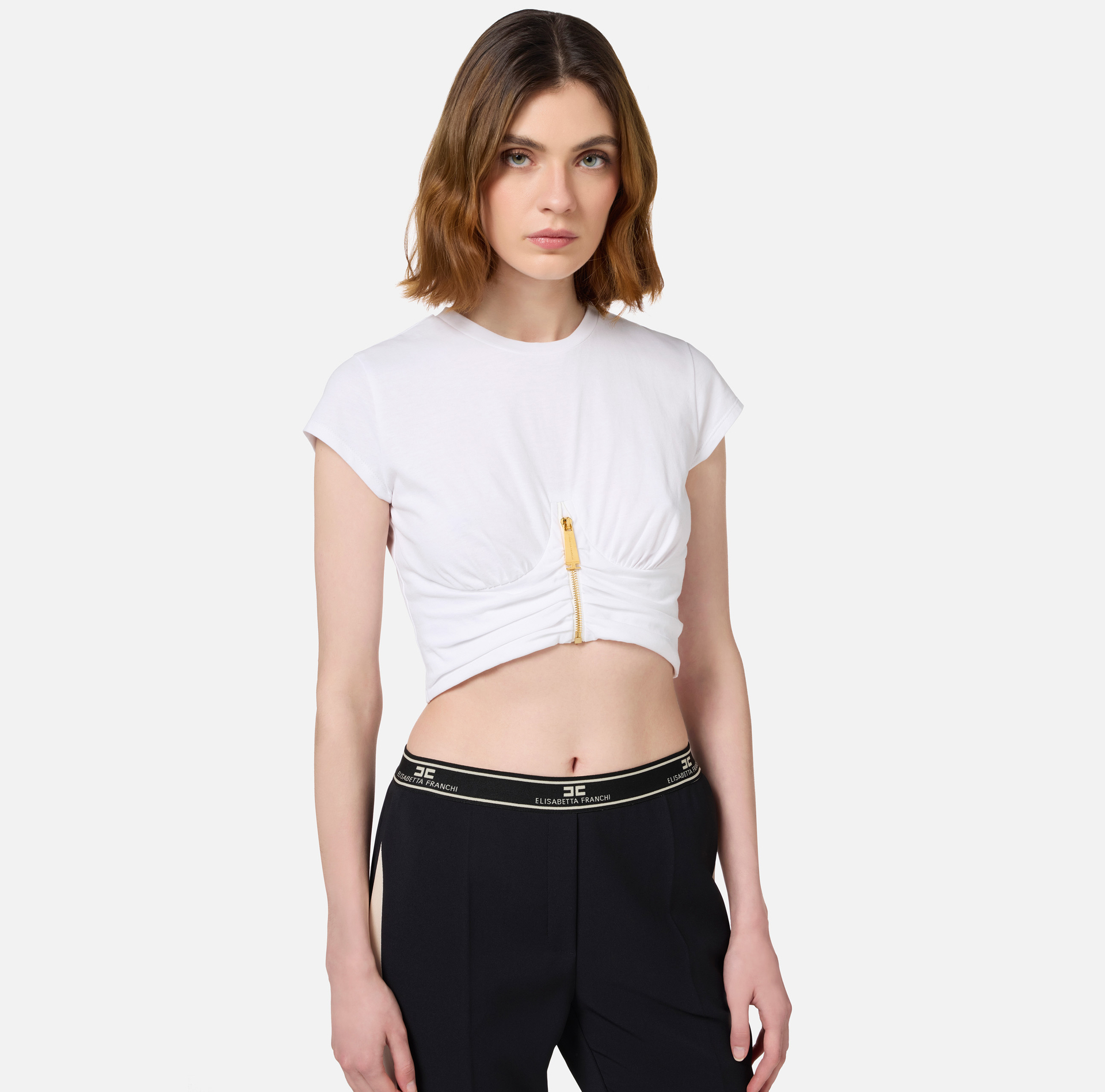T-shirt cropped in jersey con zip - Elisabetta Franchi® Outlet