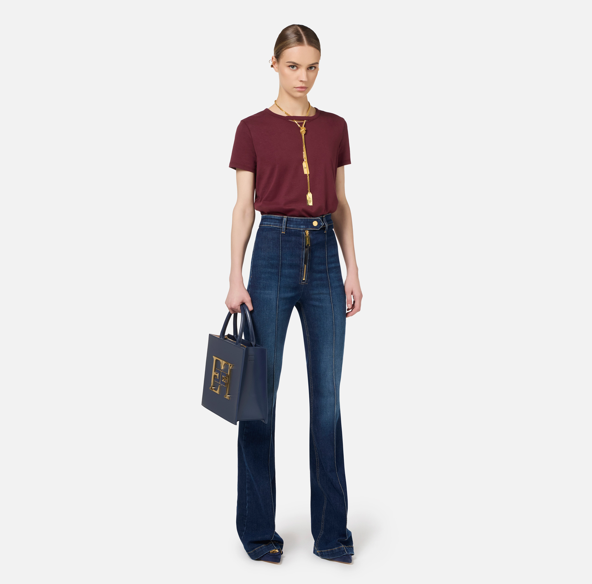 T-shirt en jersey avec collier - Elisabetta Franchi® Outlet