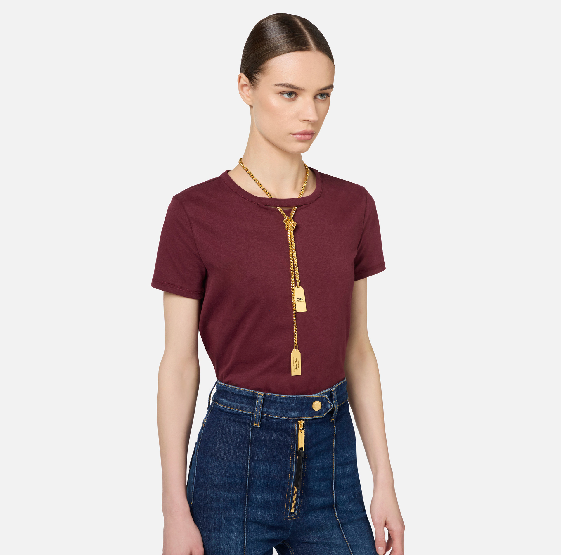 T-shirt en jersey avec collier - Elisabetta Franchi® Outlet