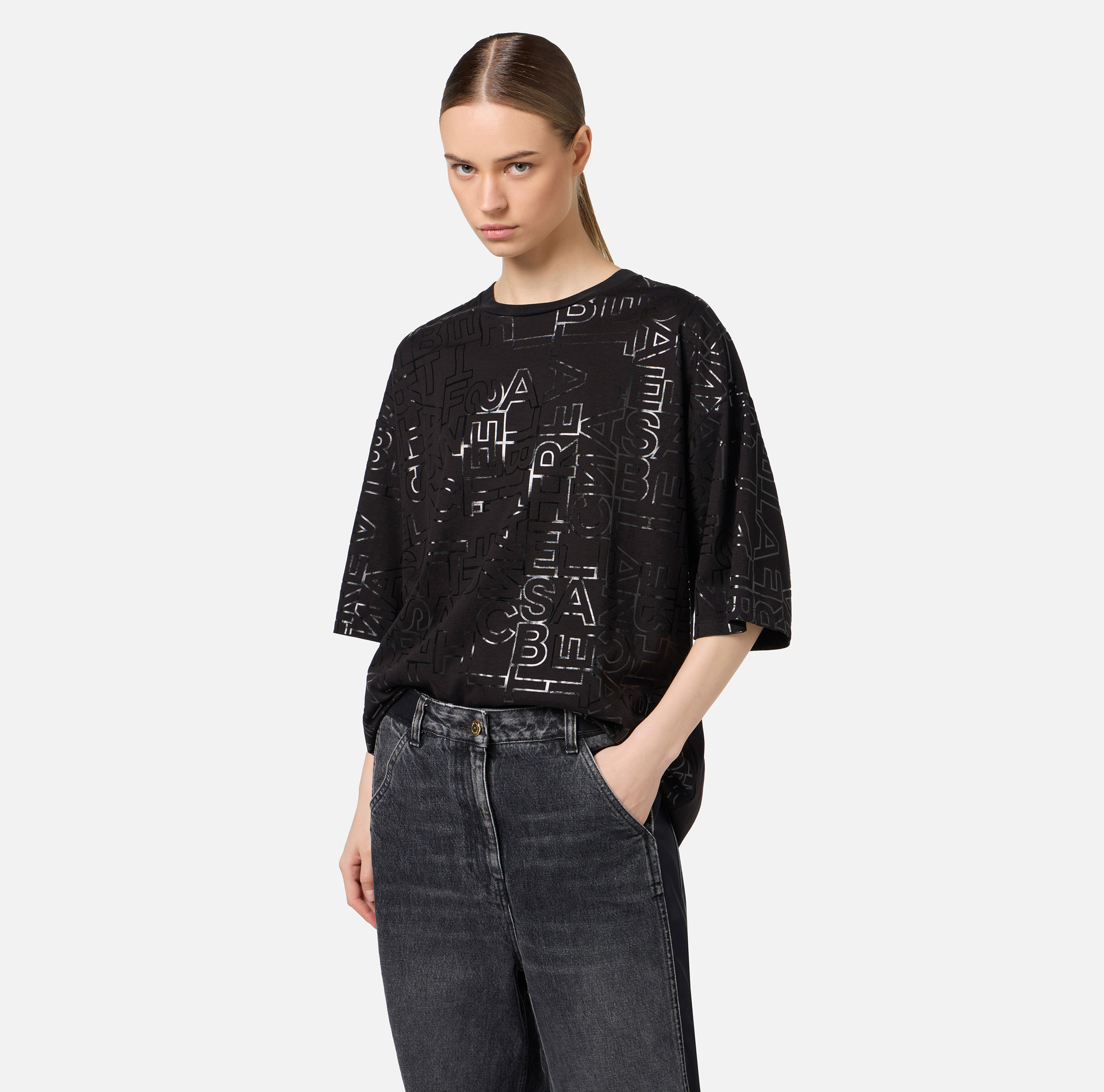Jersey T-shirt with shiny lettering - Elisabetta Franchi® Outlet