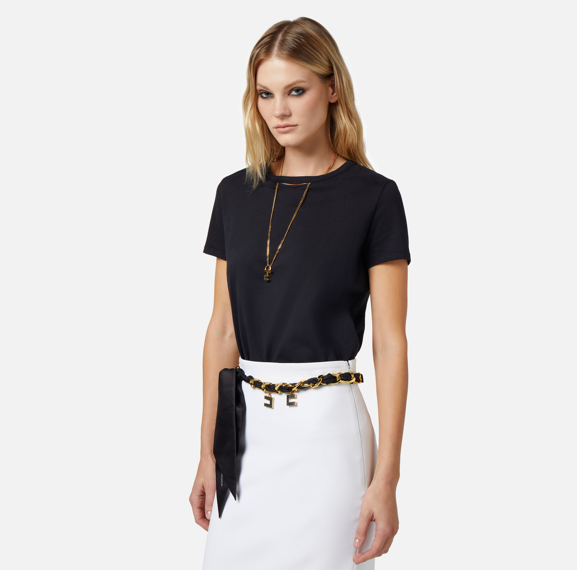 Jersey T-shirt with cut-out and necklace - Elisabetta Franchi® Outlet