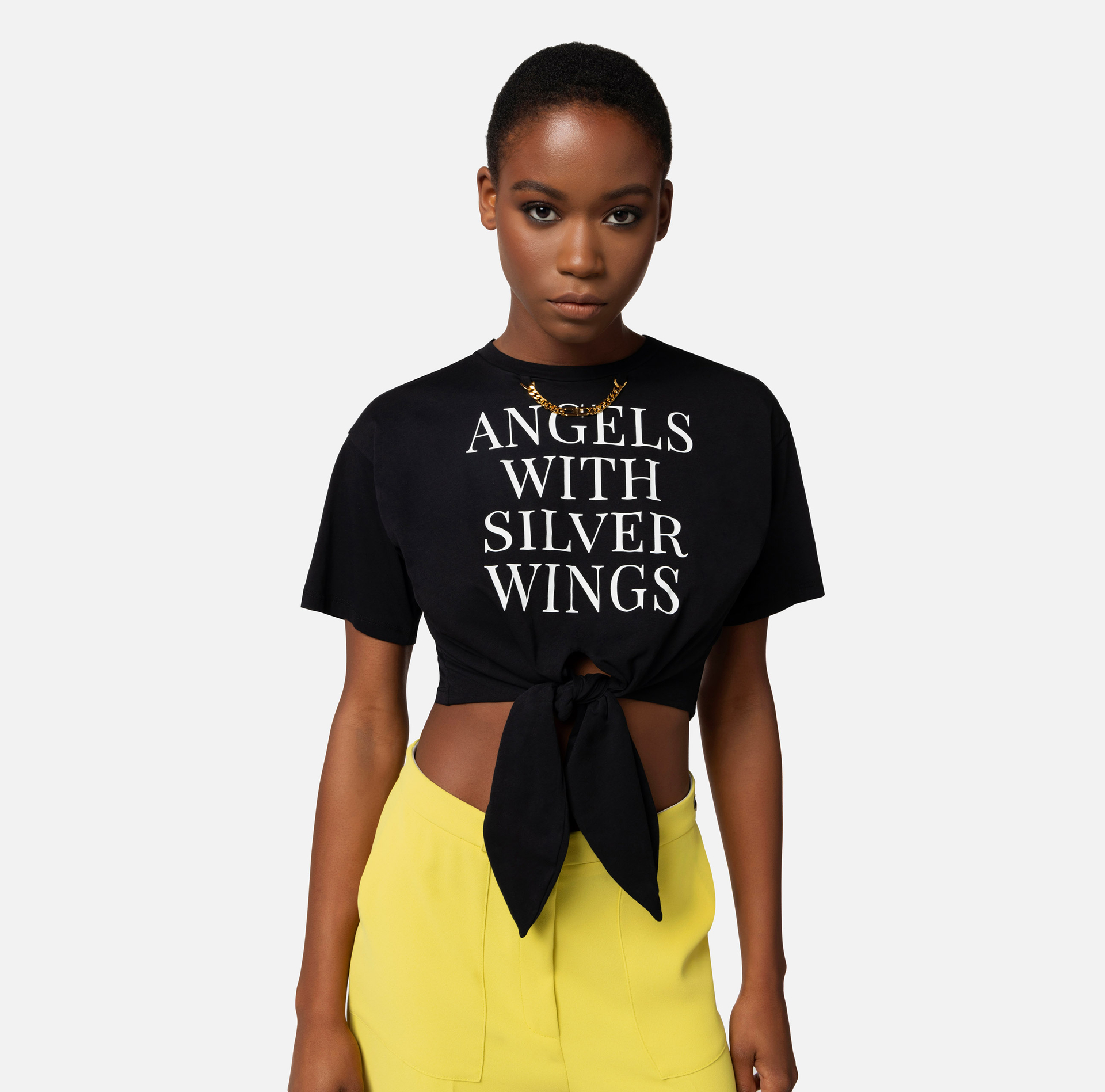 Cropped jersey T-shirt with knot and print - Elisabetta Franchi® Outlet