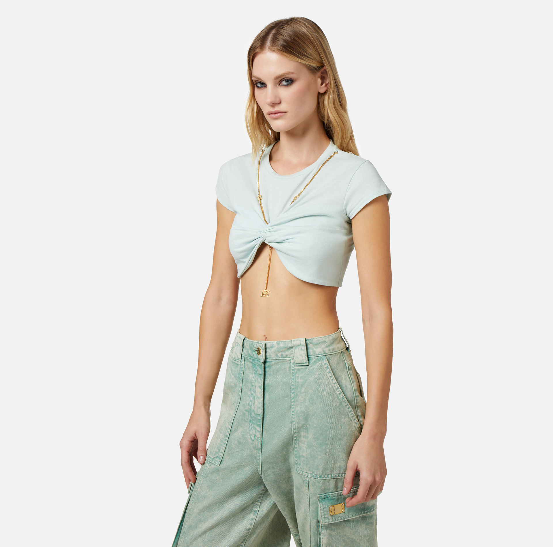 Cropped-T-Shirt aus Jersey mit Knoten - Elisabetta Franchi® Outlet