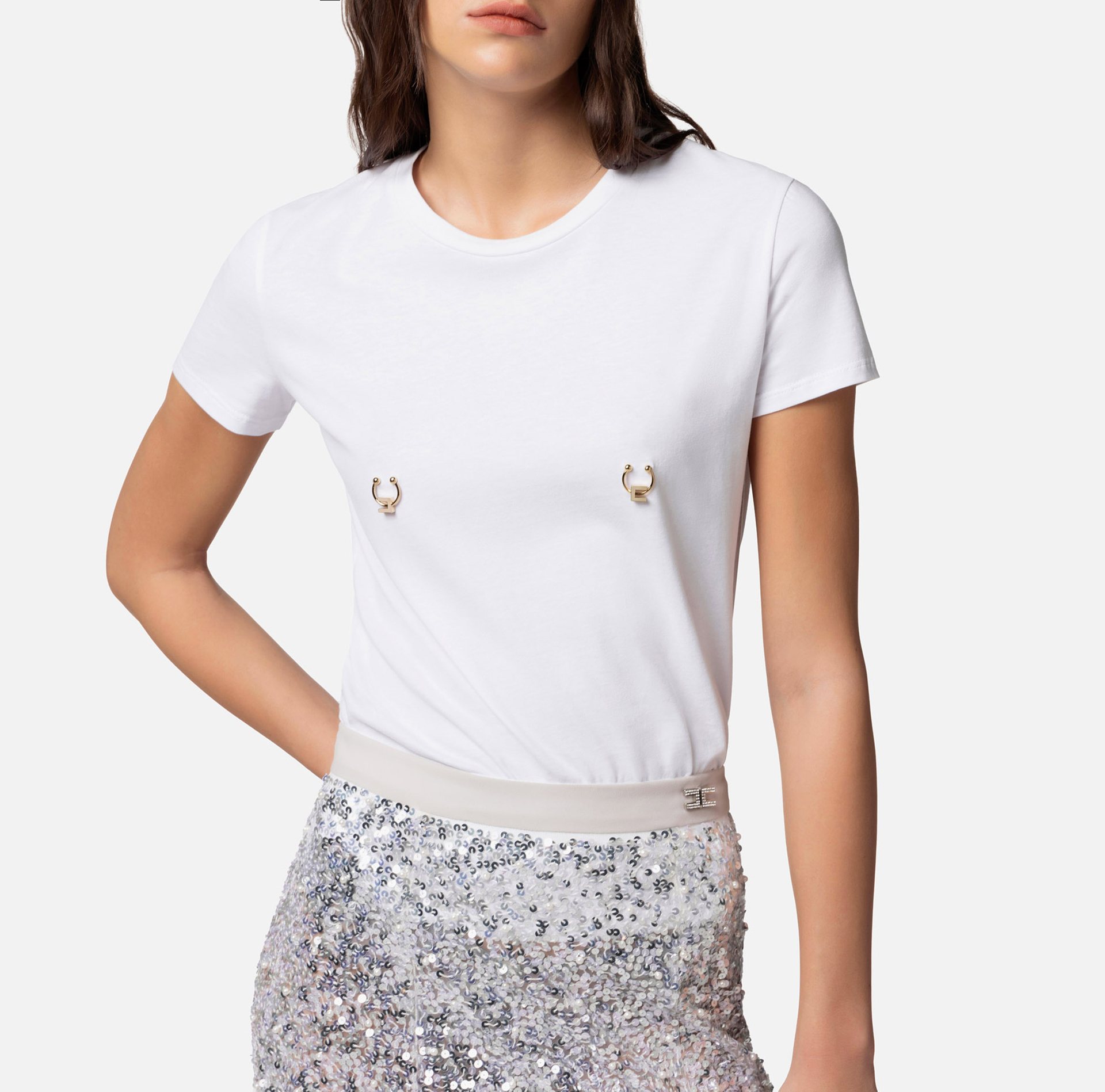 Jersey t-shirt with piercing - Elisabetta Franchi® Outlet