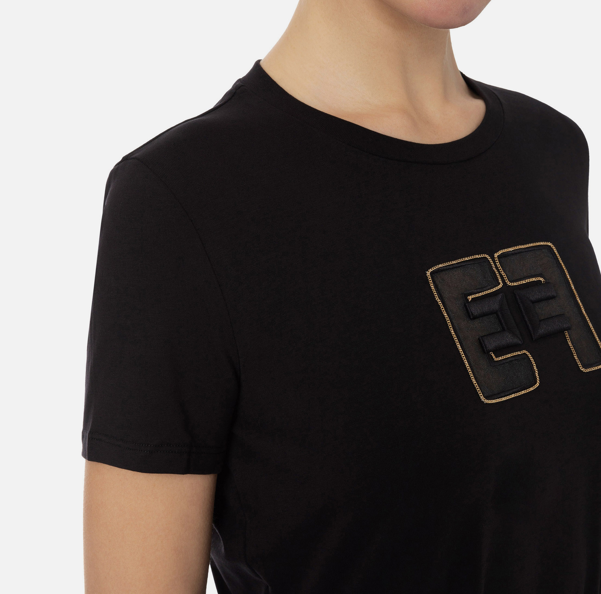 T-shirt in jersey con placca logo in velluto - Elisabetta Franchi® Outlet