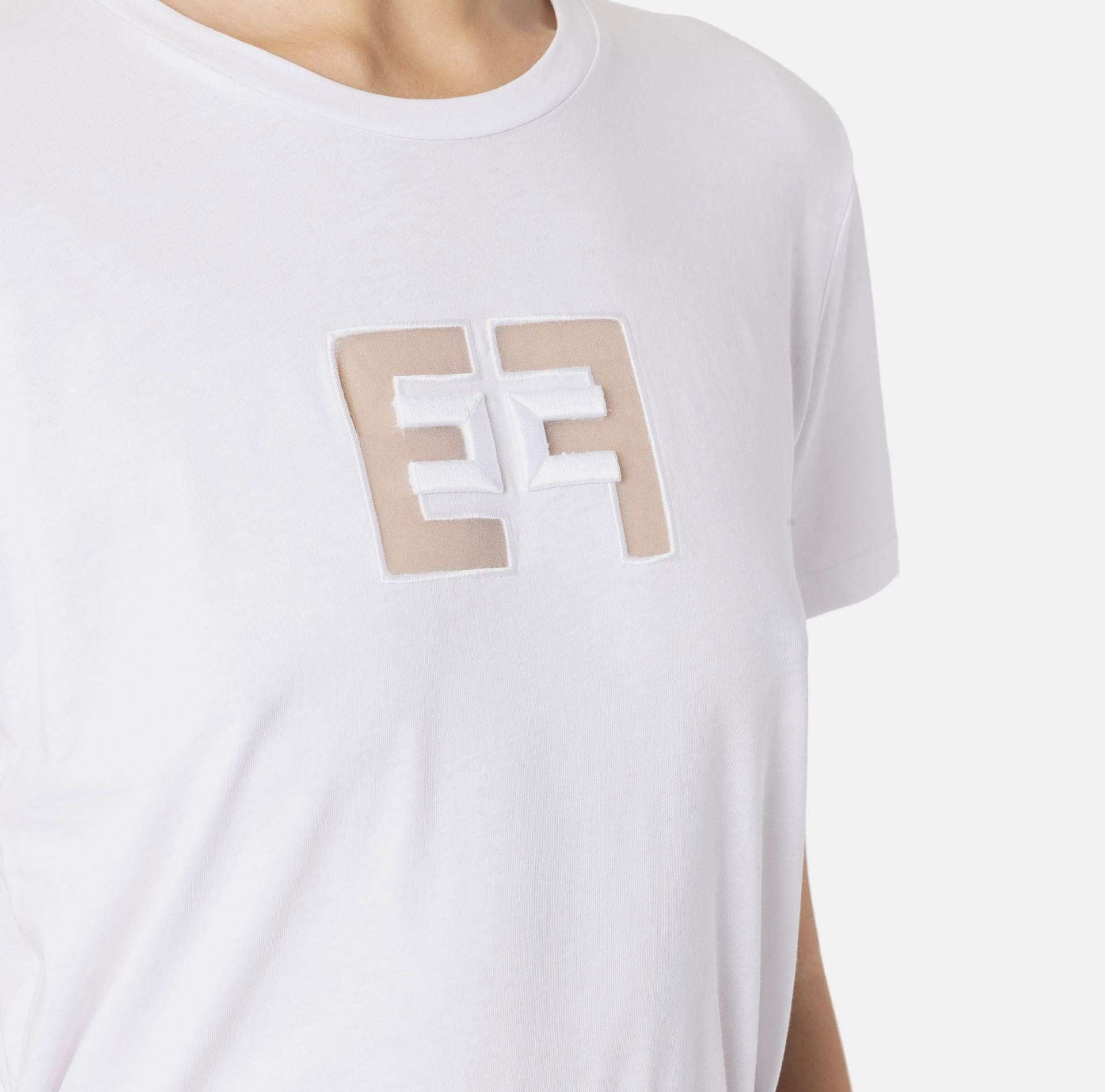 Jersey T-shirt with embroidered organza logo - Elisabetta Franchi® Outlet