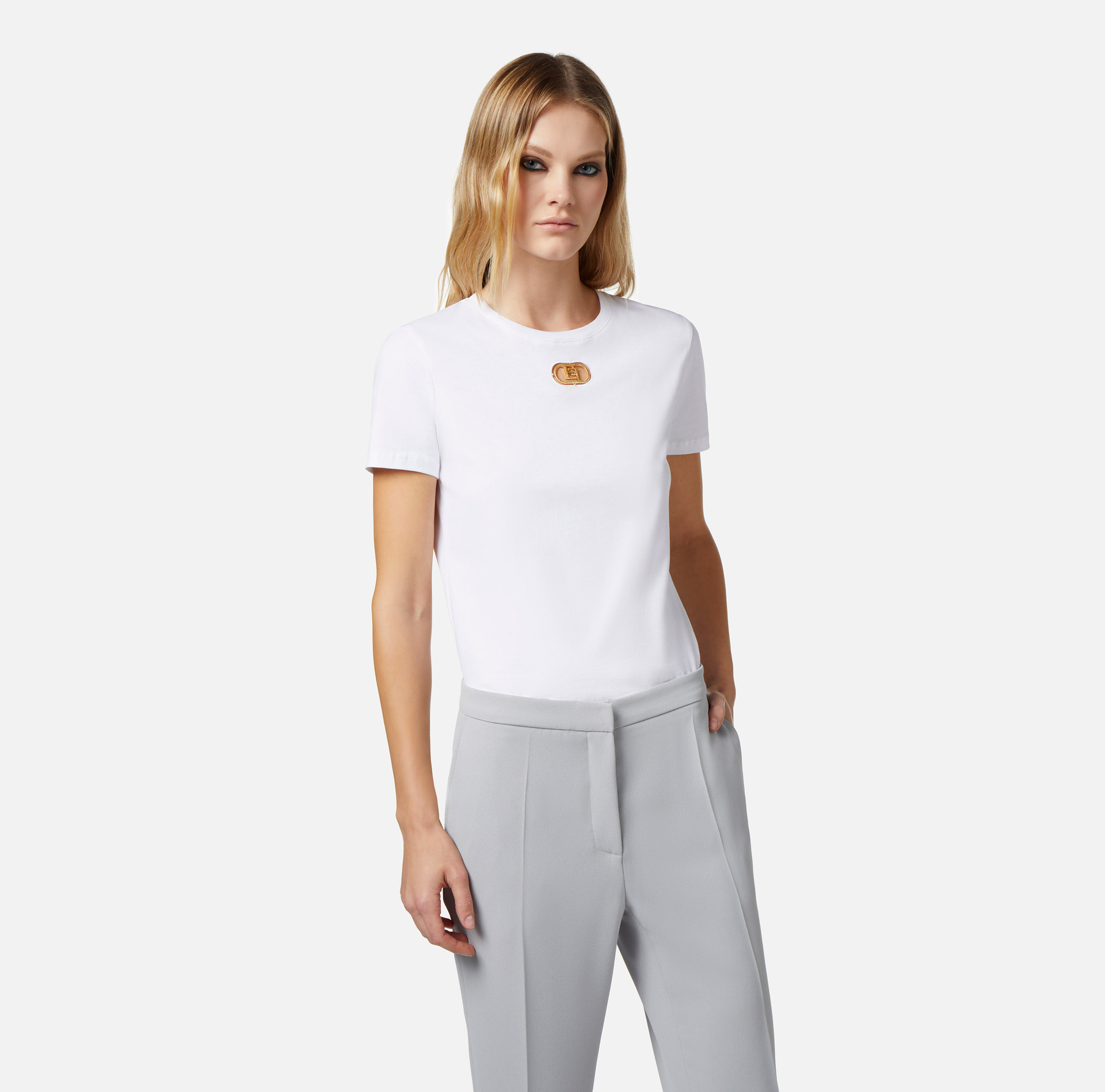T-shirt in jersey con placca logo - Elisabetta Franchi® Outlet