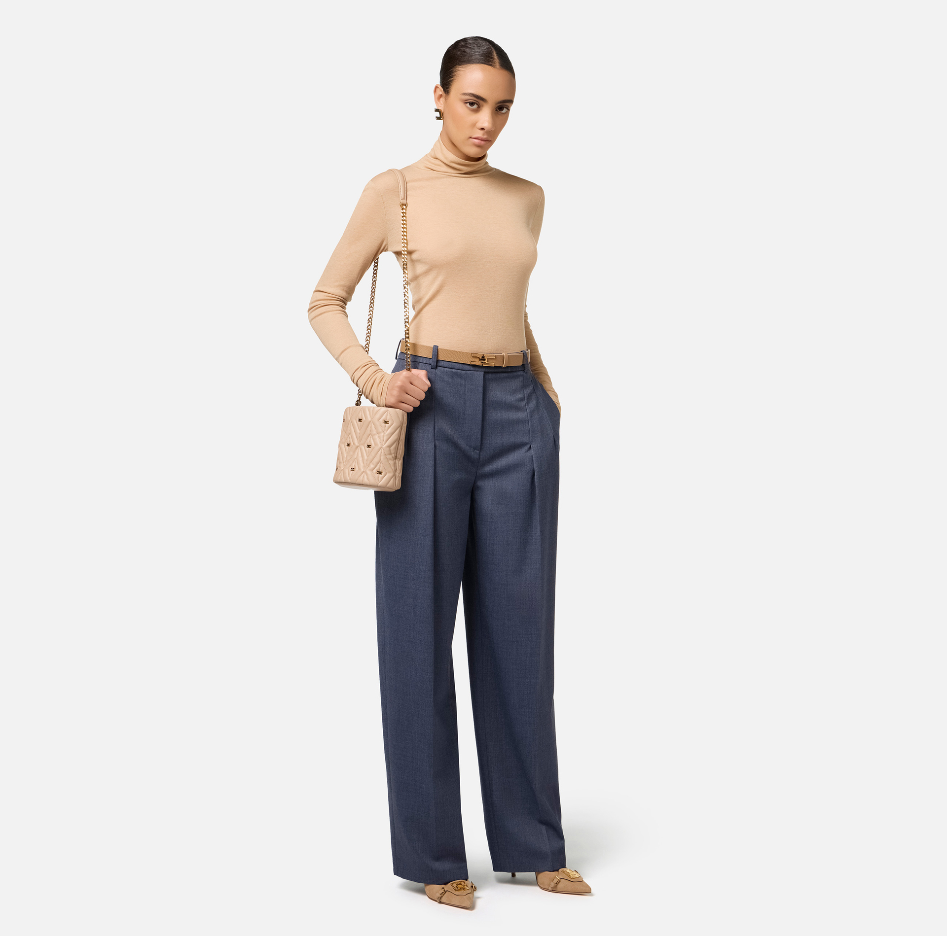 Wool and jersey turtleneck with logo - Elisabetta Franchi® Outlet
