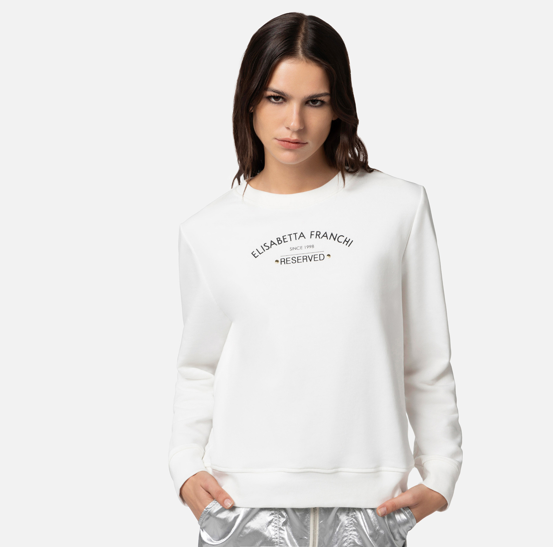 Sudadera de algodón con cuello redondo y logotipo estampado - Elisabetta Franchi® Outlet