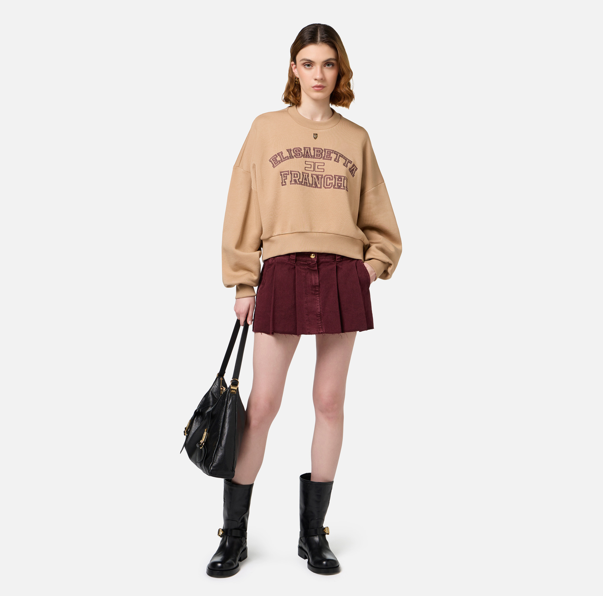 Cropped-Sweatshirt aus Baumwolle mit College-Logo - Elisabetta Franchi® Outlet