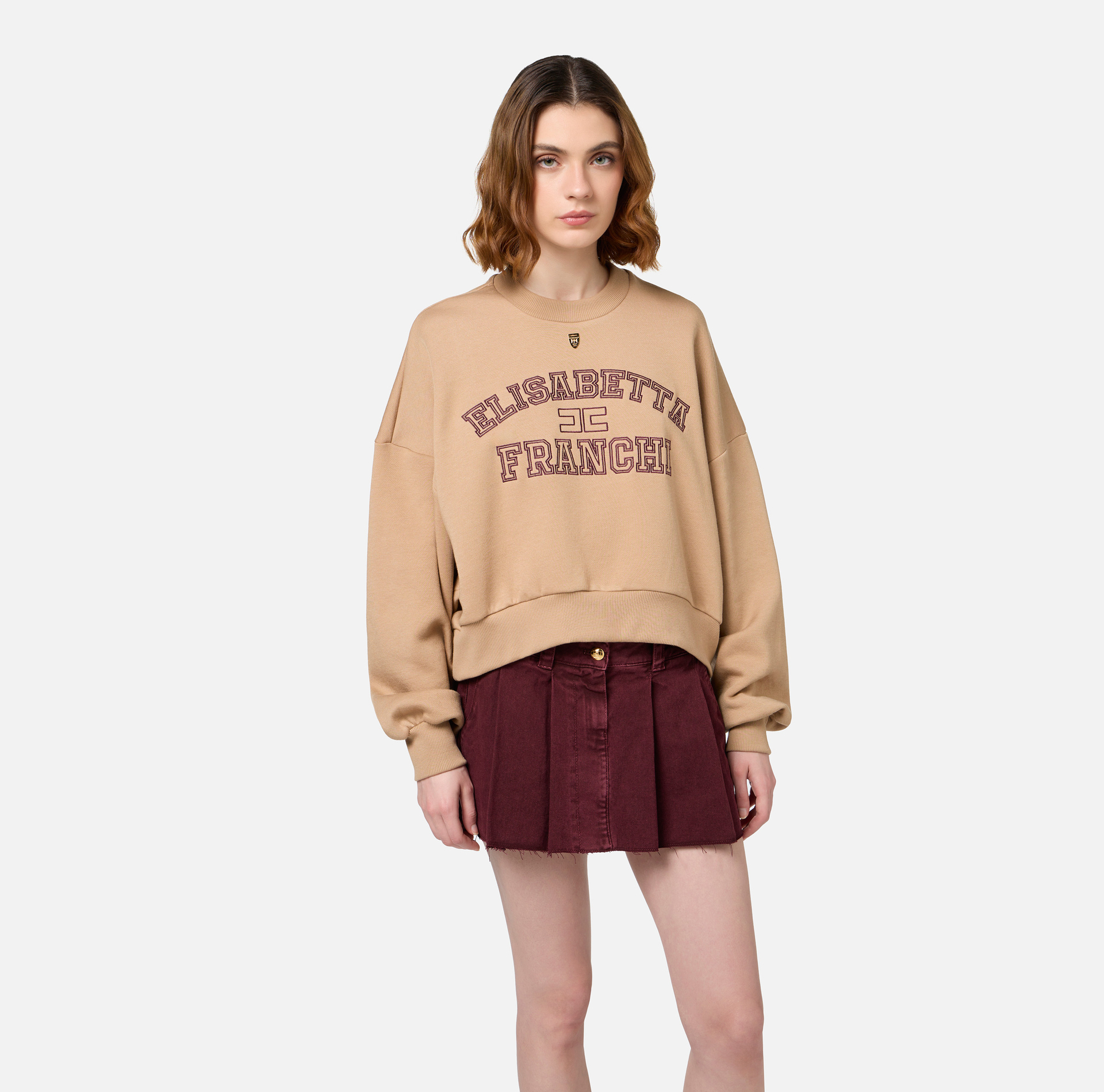 Cropped-Sweatshirt aus Baumwolle mit College-Logo - Elisabetta Franchi® Outlet
