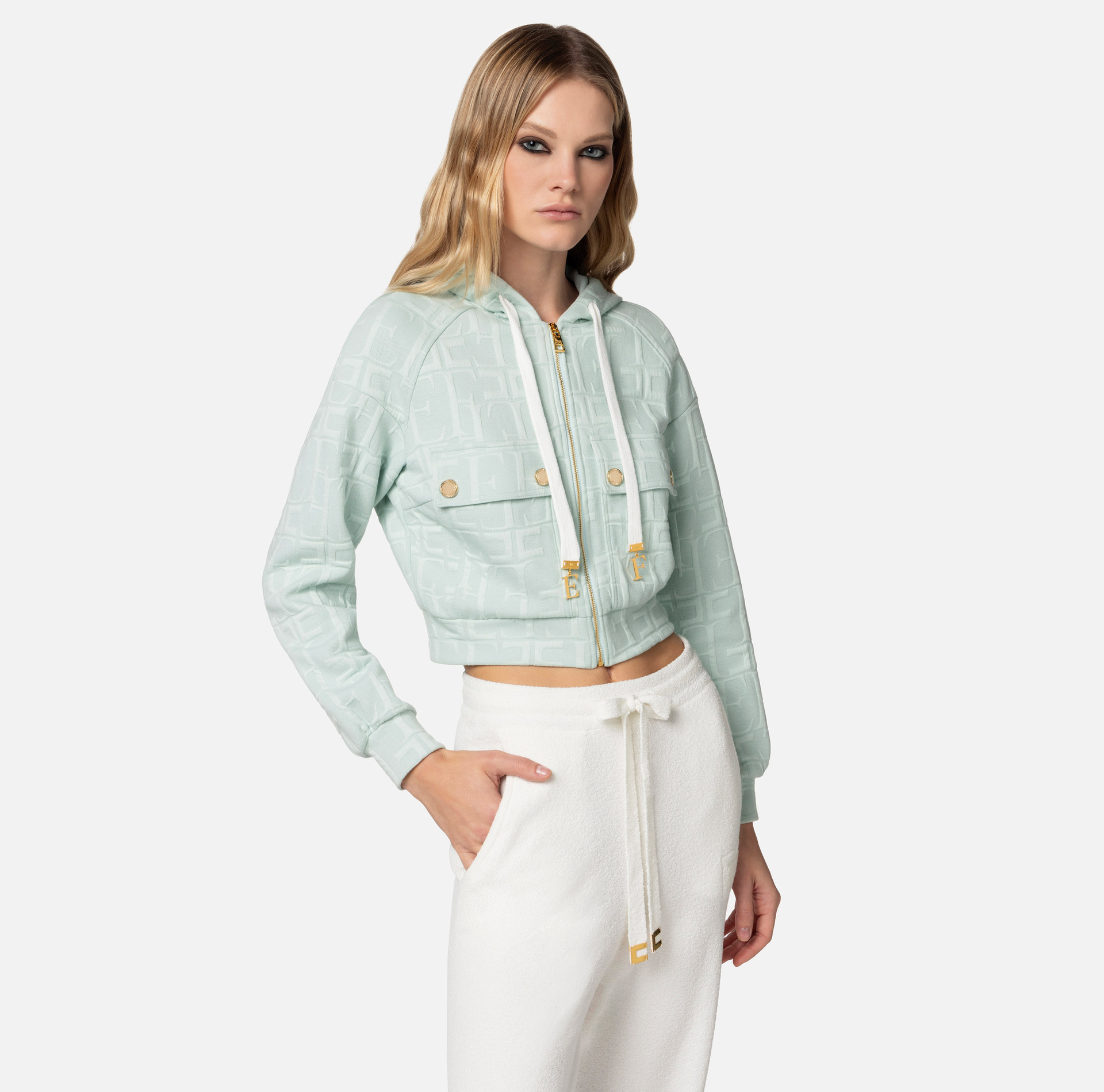 Sweatshirt aus Baumwoll-Jacquard mit Kapuze und Reißverschluss - Elisabetta Franchi® Outlet