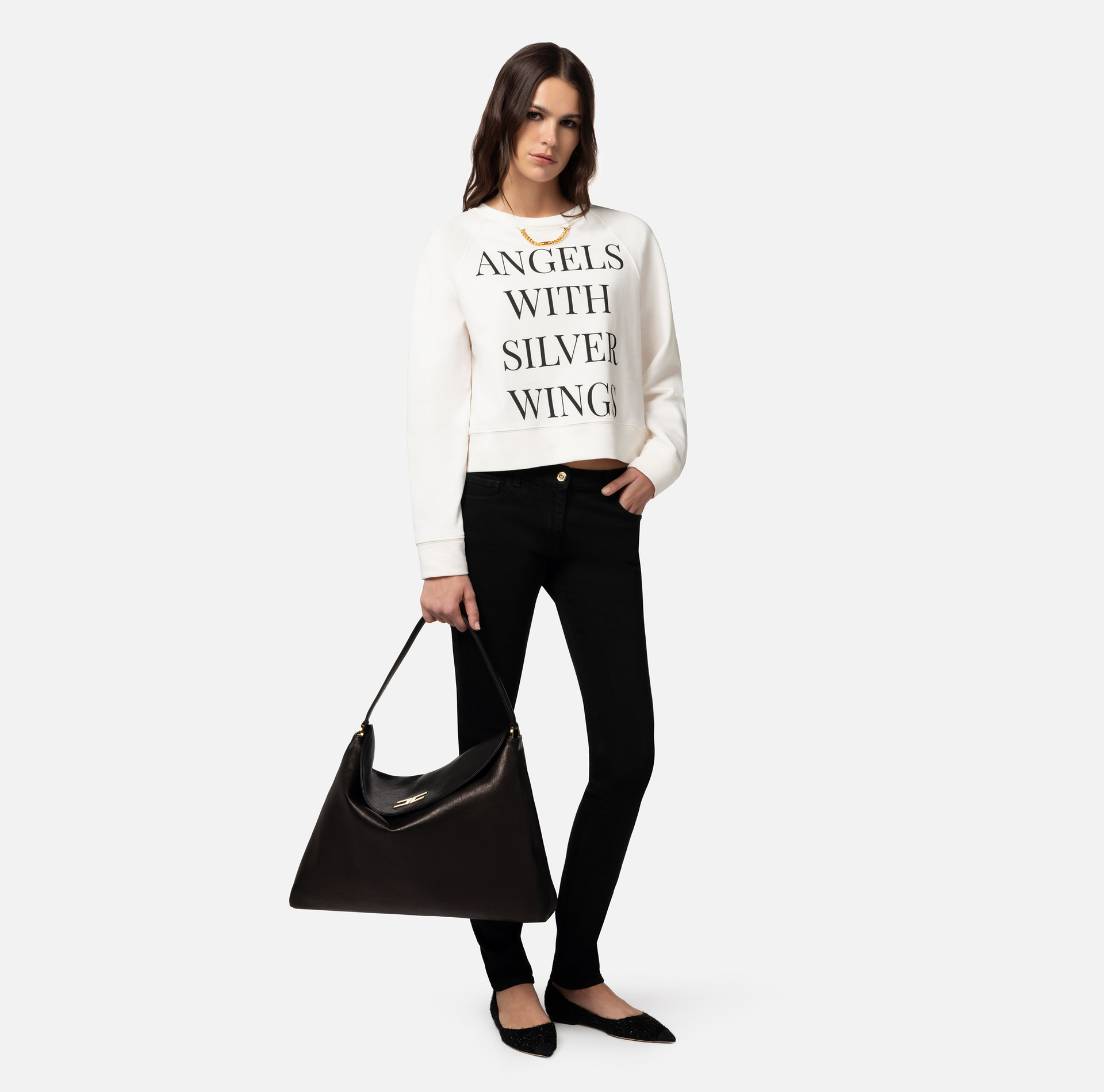 Crew neck cotton sweatshirt with print - Elisabetta Franchi® Outlet