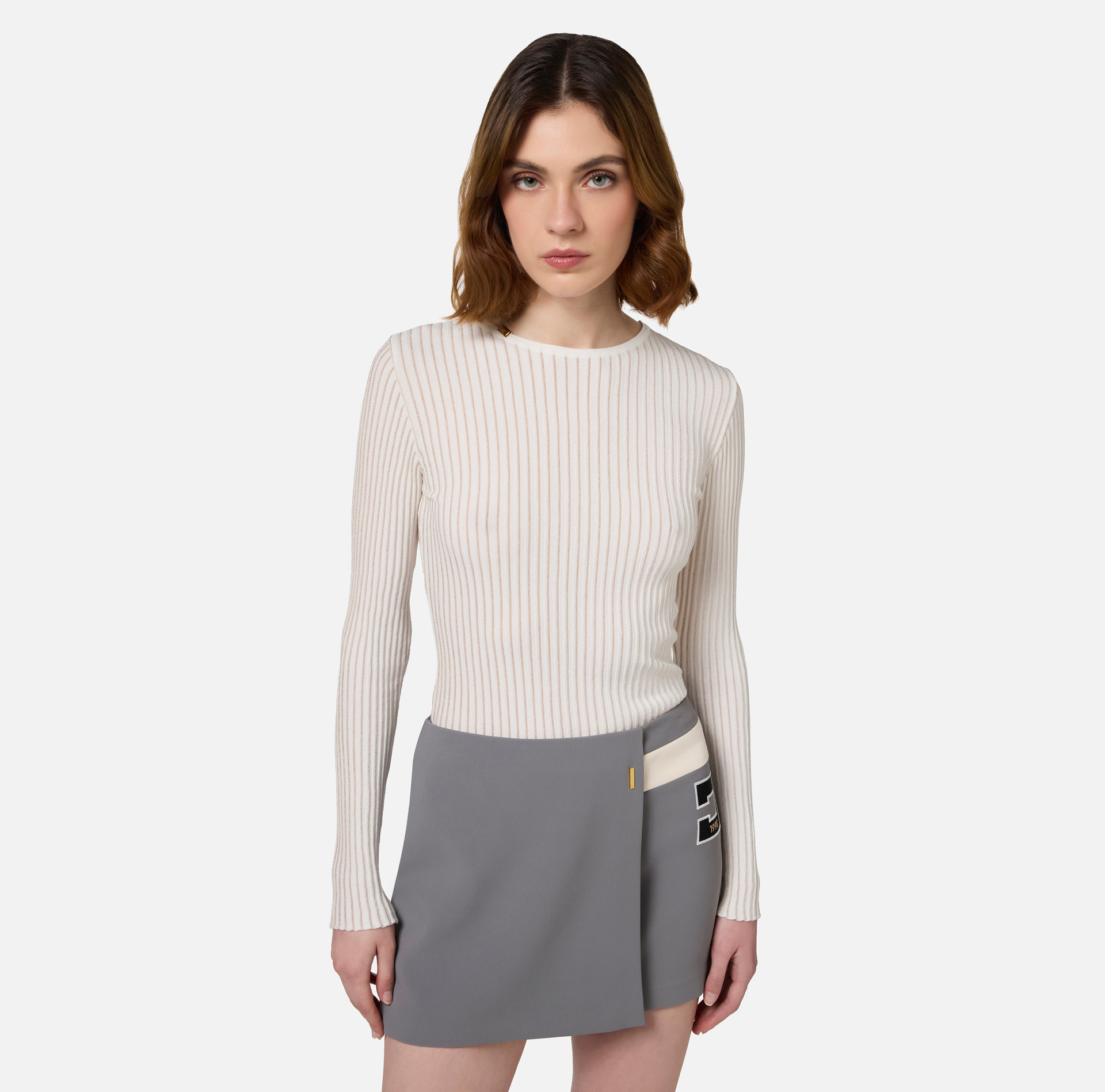 Crew neck shirt in narrow-ribbed lurex and viscose fabric - Elisabetta Franchi® Outlet