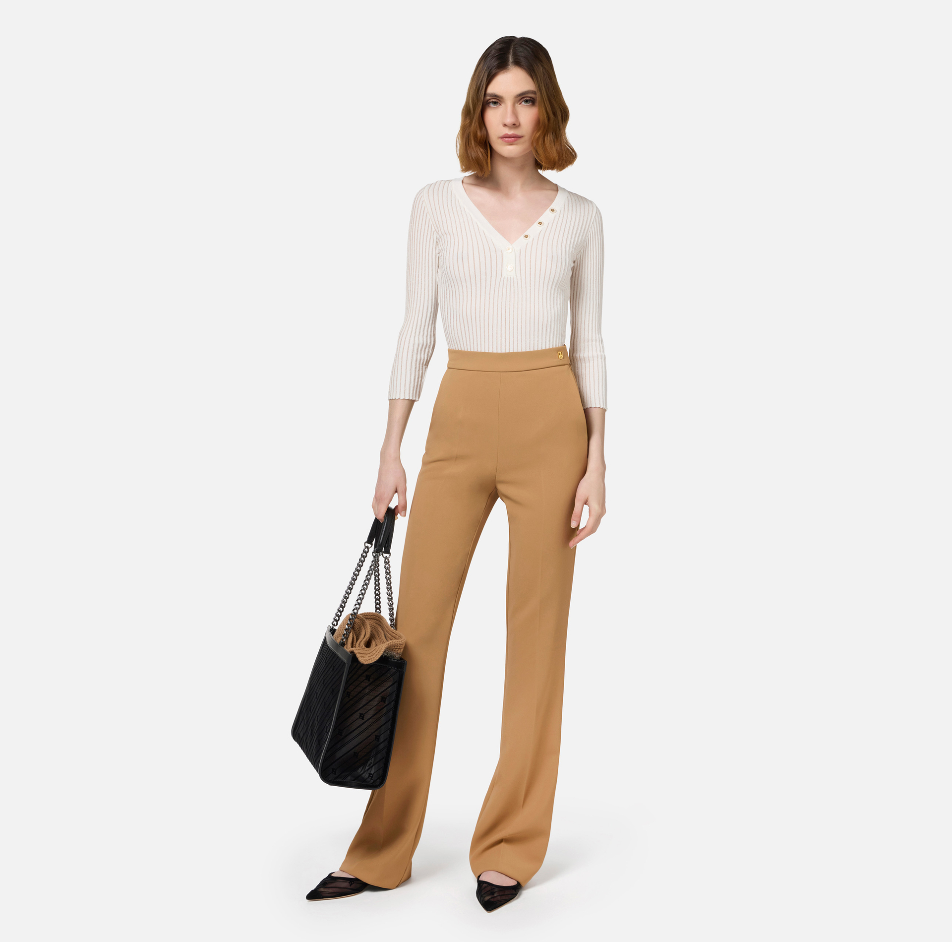 Maglia scollo a V in viscosa e lurex a costine - Elisabetta Franchi® Outlet