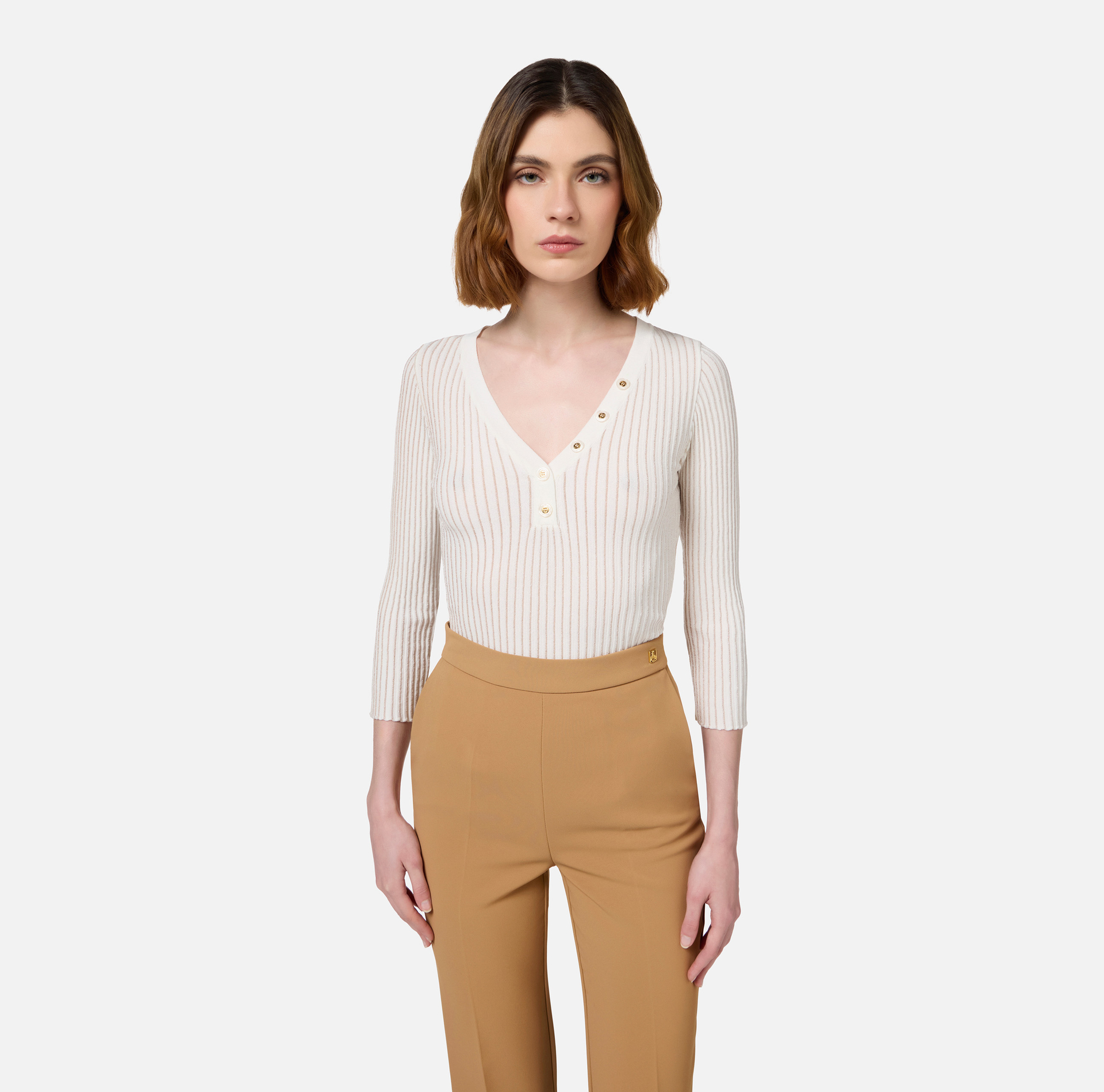 Maglia scollo a V in viscosa e lurex a costine - Elisabetta Franchi® Outlet