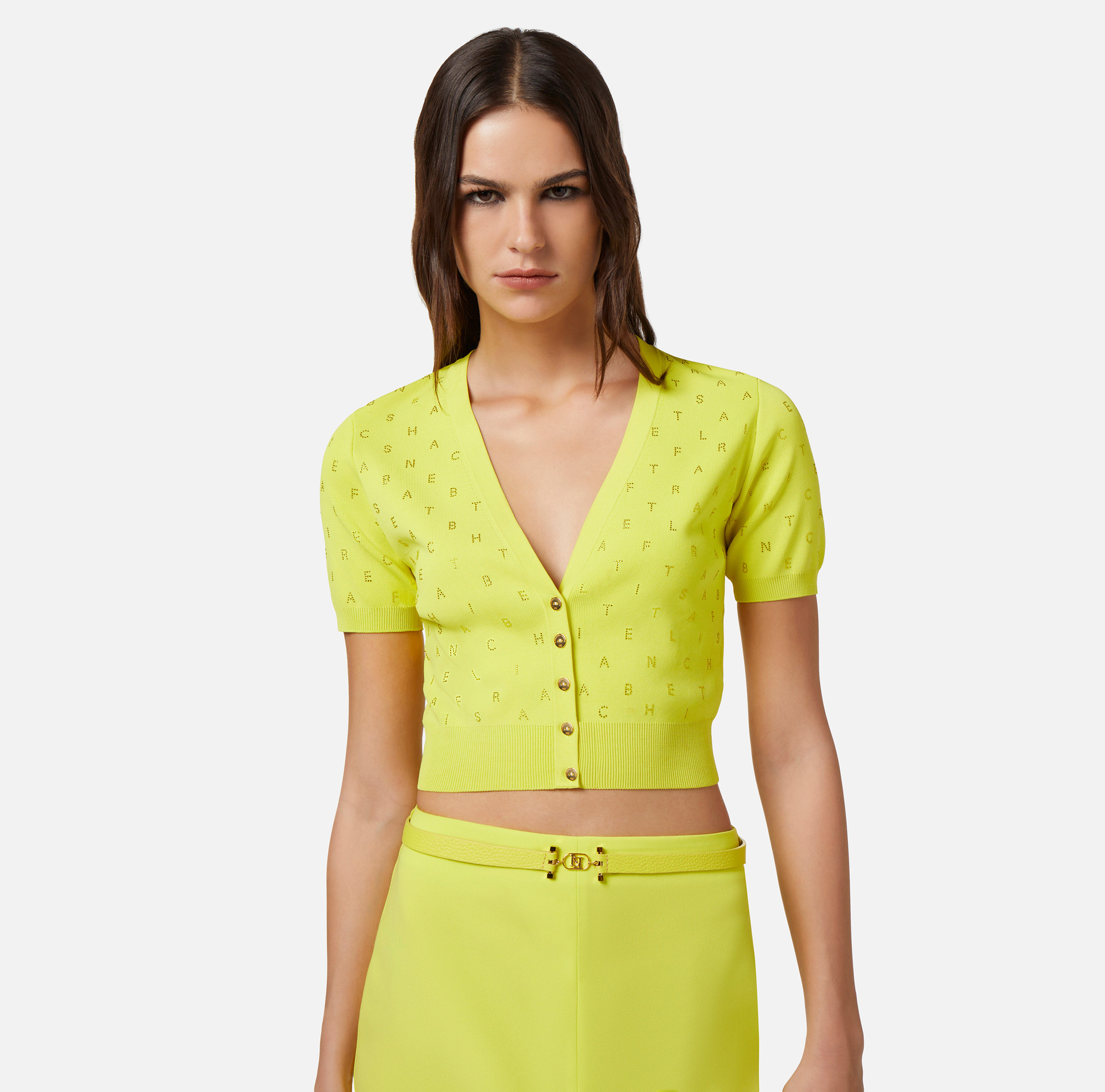 Cropped cardigan in viscose with rhinestone lettering - Elisabetta Franchi® Outlet