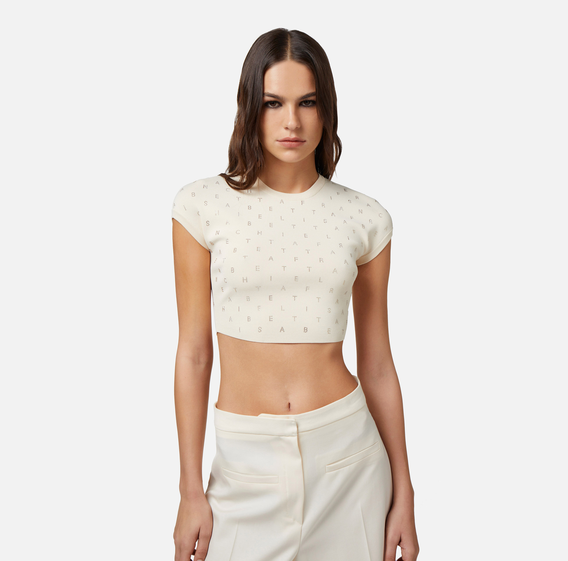 Cropped top in viscose with rhinestone lettering - Elisabetta Franchi® Outlet