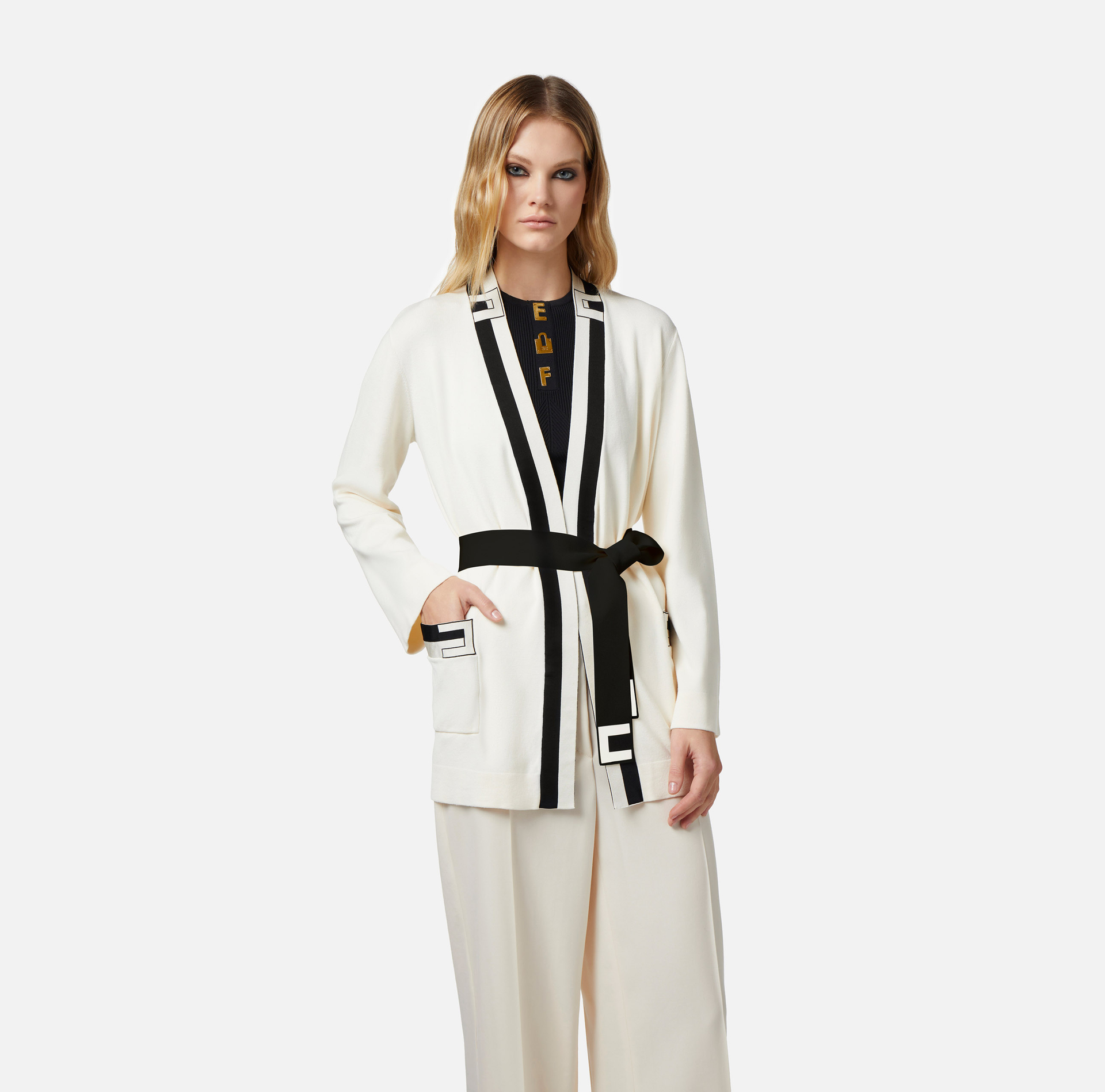 Kimono cardigan in jacquard viscose fabric - Elisabetta Franchi® Outlet