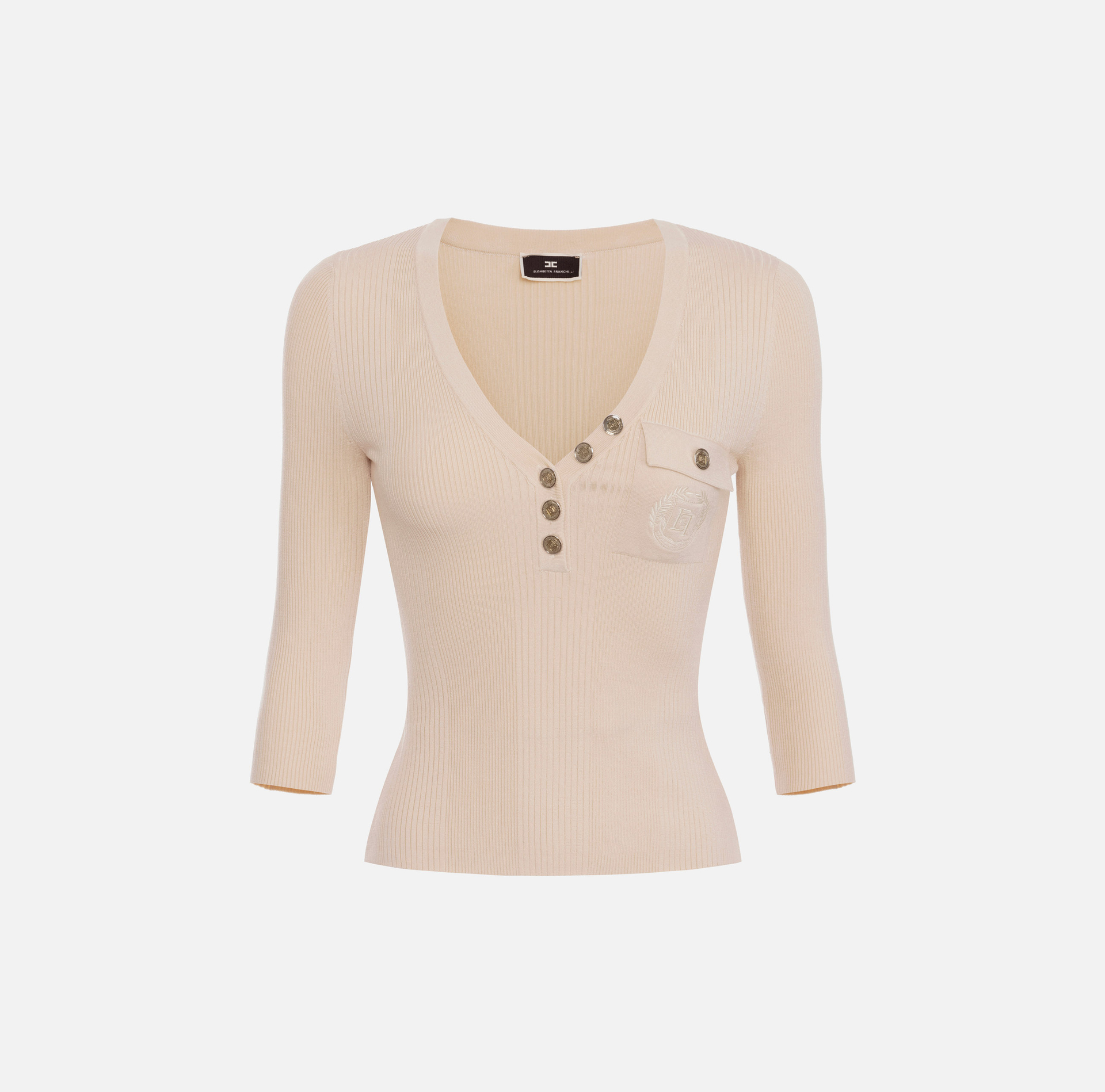 Top with V-neck in narrow-ribbed viscose and silk fabric with logo embroidery | Elisabetta Franchi® Outlet