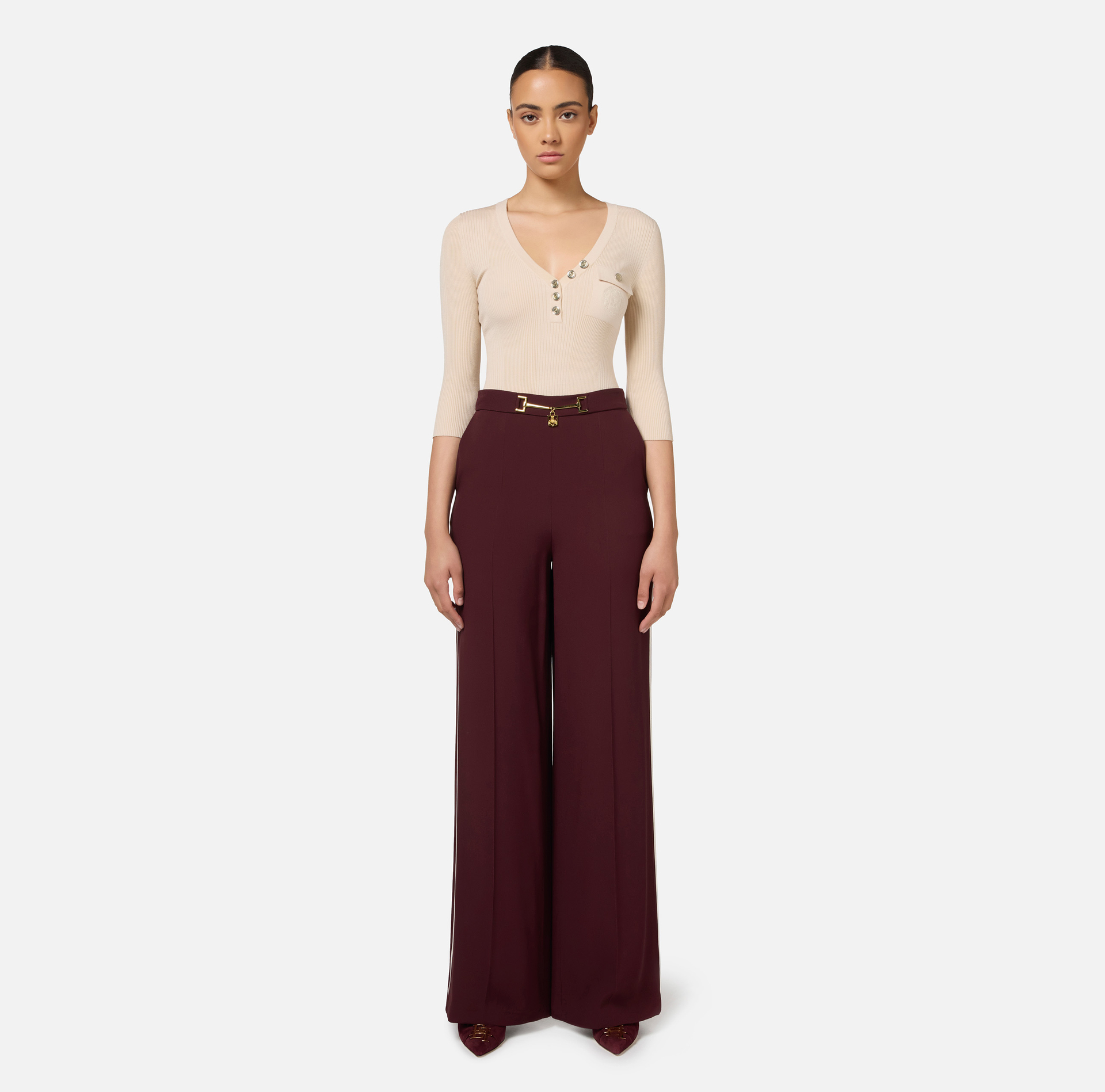 Top with V-neck in narrow-ribbed viscose and silk fabric with logo embroidery | Elisabetta Franchi® Outlet