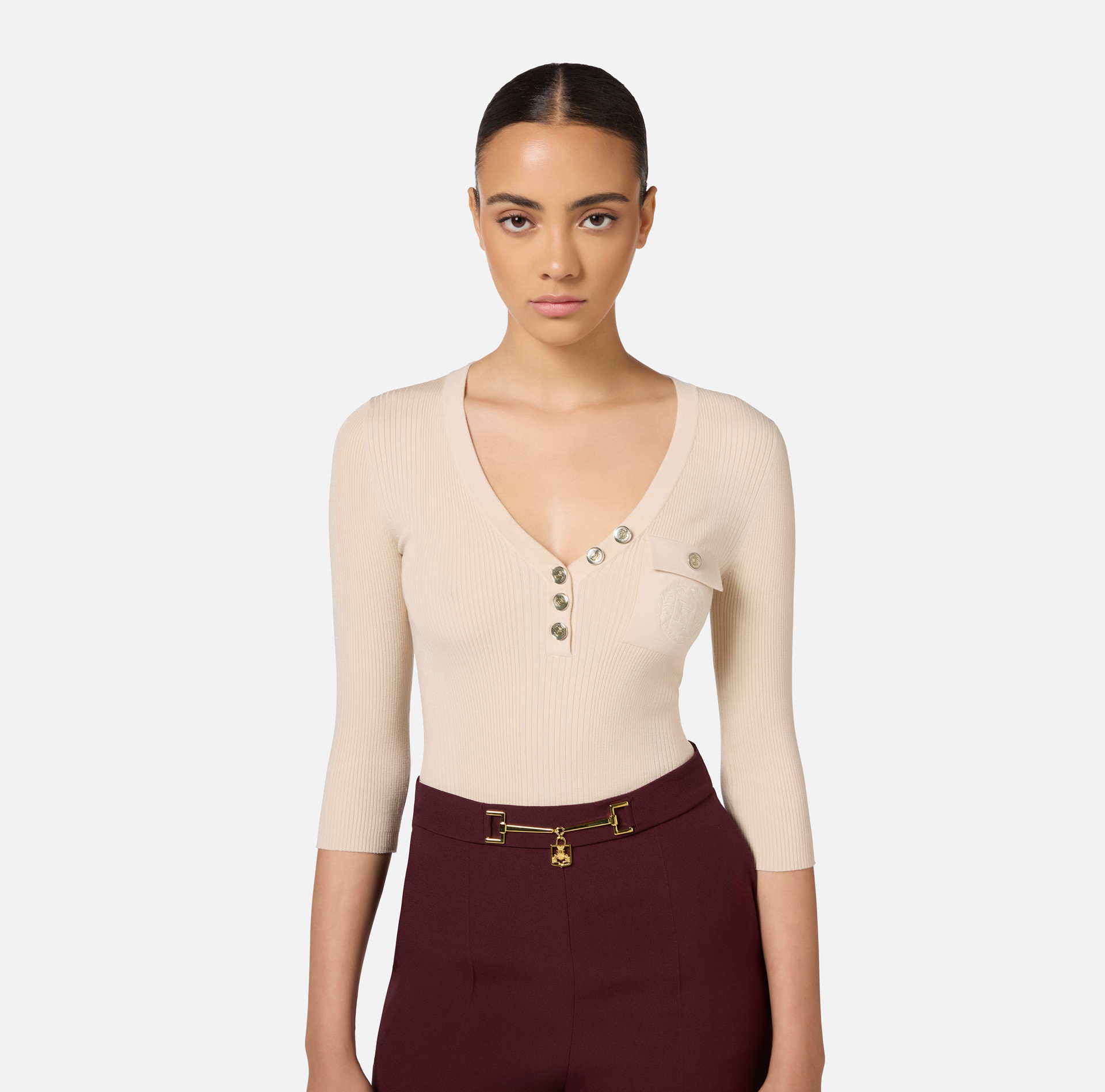 Pullover mit V-Ausschnitt aus Viskose und Seide in Rippoptik mit Logo-Stickerei | Elisabetta Franchi® Outlet