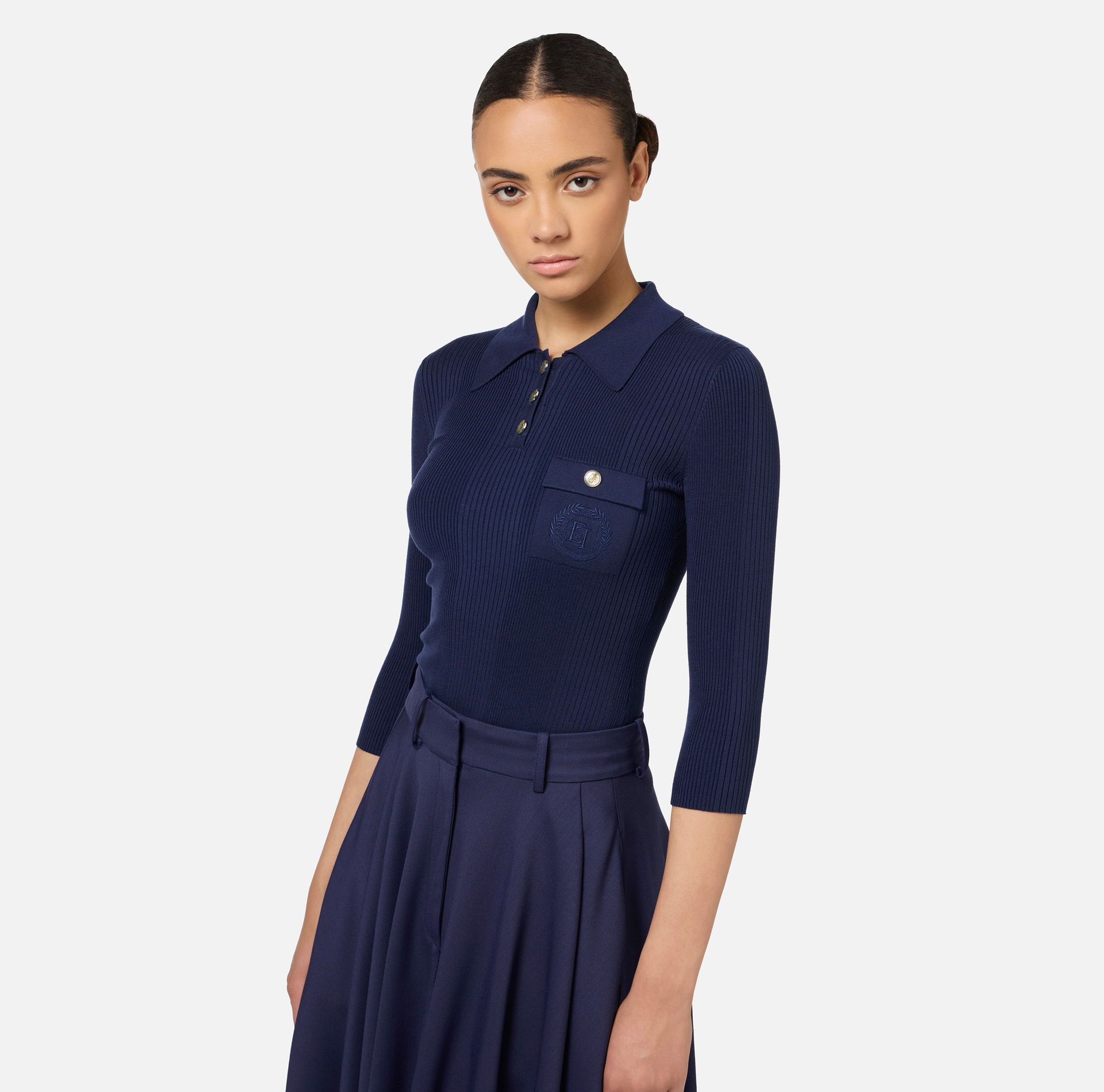 Polo shirt in narrow-ribbed viscose and silk fabric with logo embroidery | Elisabetta Franchi® Outlet