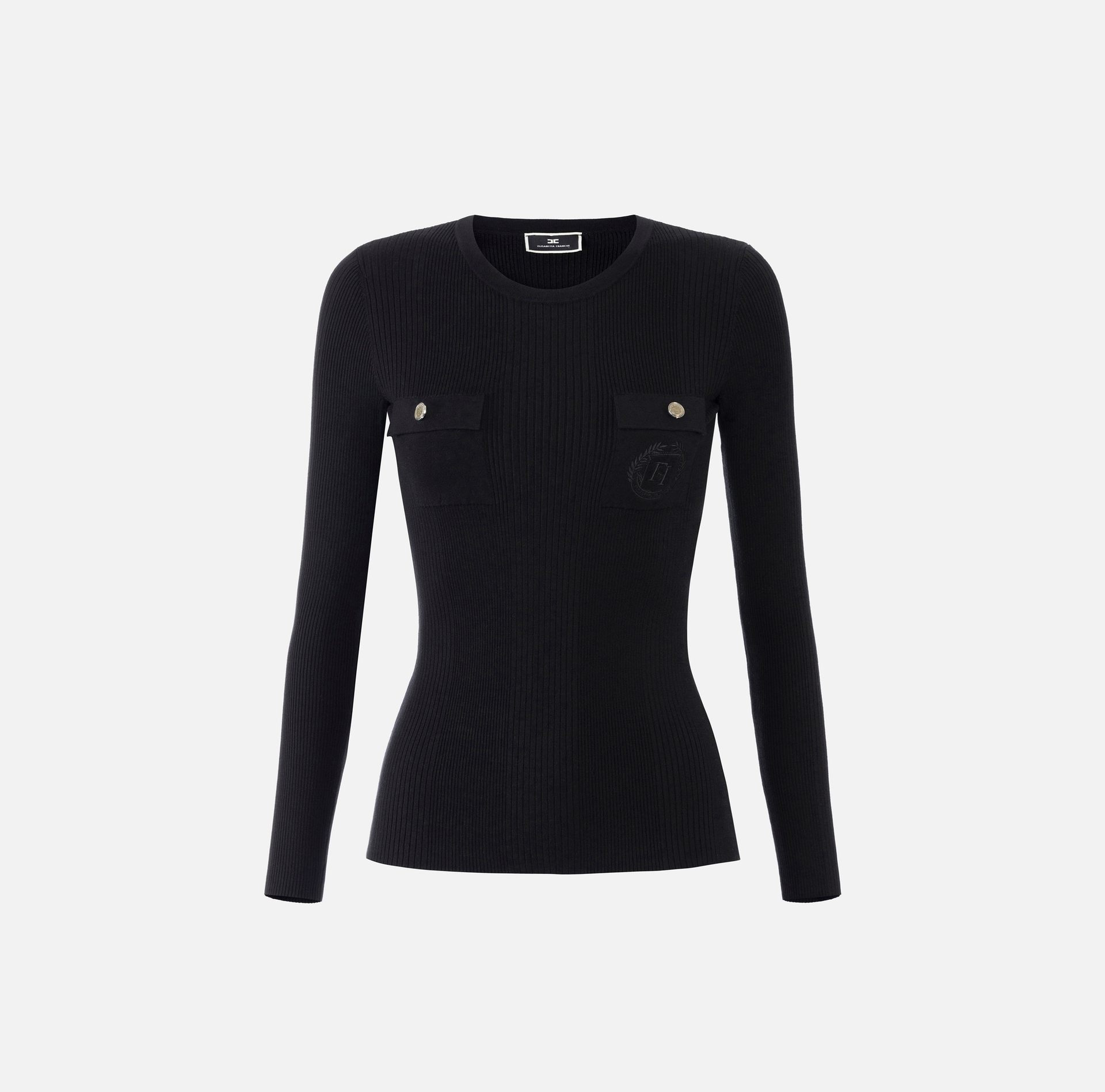 Jersey cuello redondo de viscosa y seda de canalé con logotipo bordado - Elisabetta Franchi® Outlet