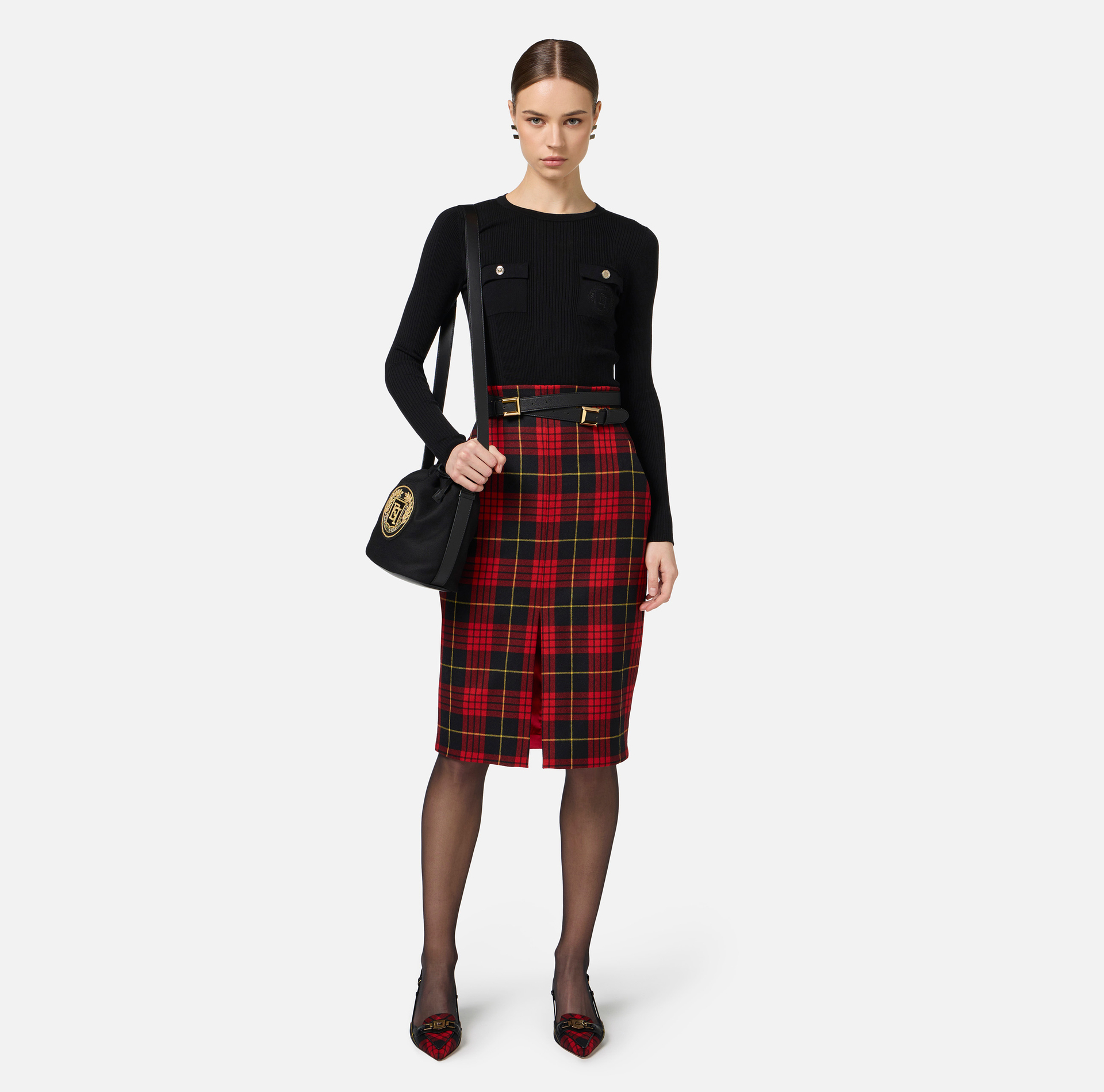 Jersey cuello redondo de viscosa y seda de canalé con logotipo bordado - Elisabetta Franchi® Outlet