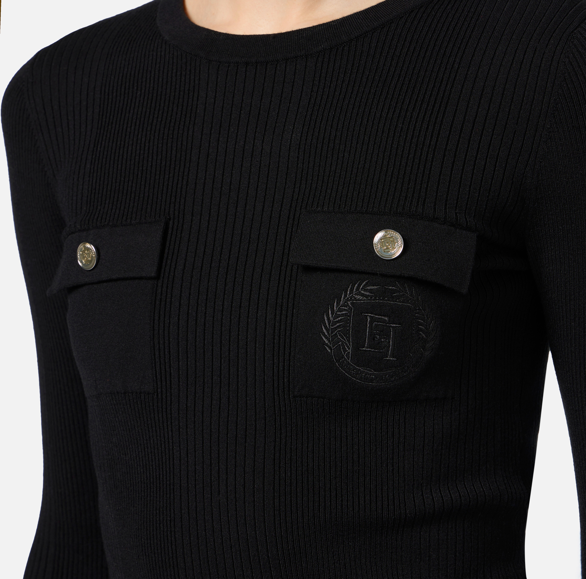 Jersey cuello redondo de viscosa y seda de canalé con logotipo bordado - Elisabetta Franchi® Outlet