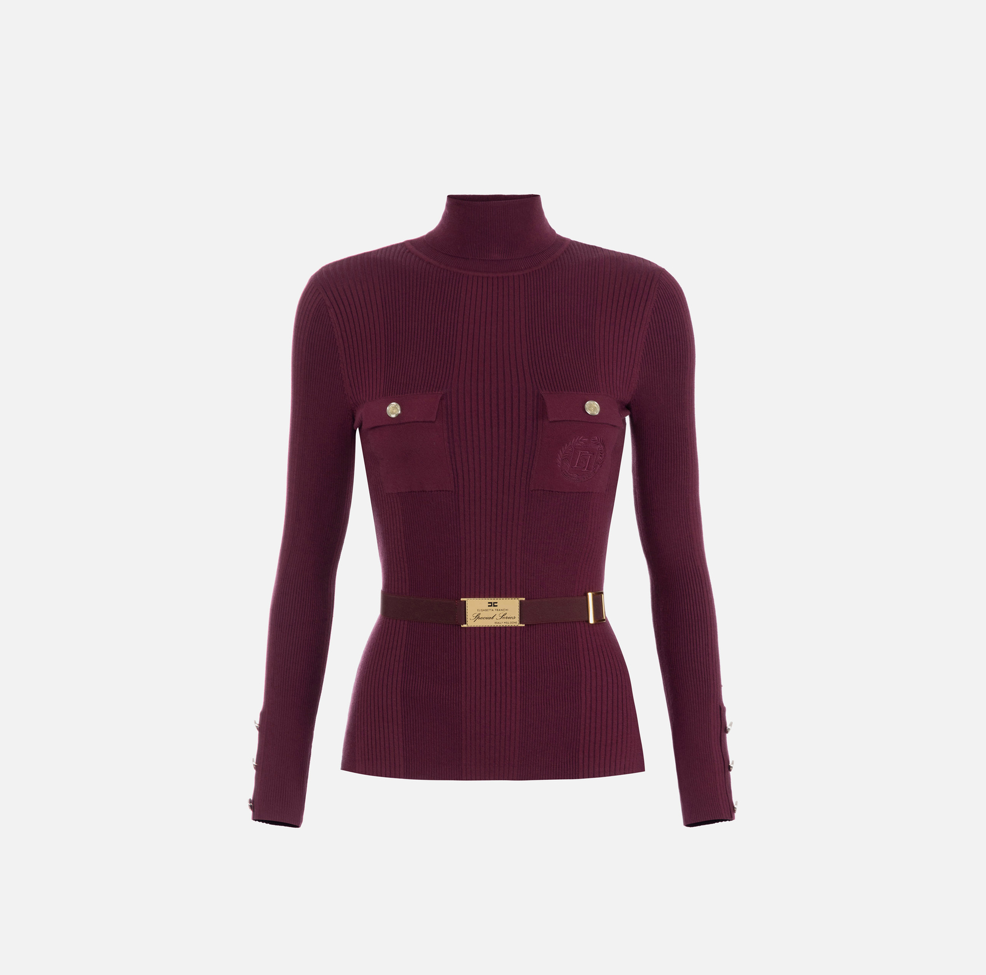Turtleneck shirt in narrow-ribbed viscose and silk fabric with logo embroidery - Elisabetta Franchi® Outlet