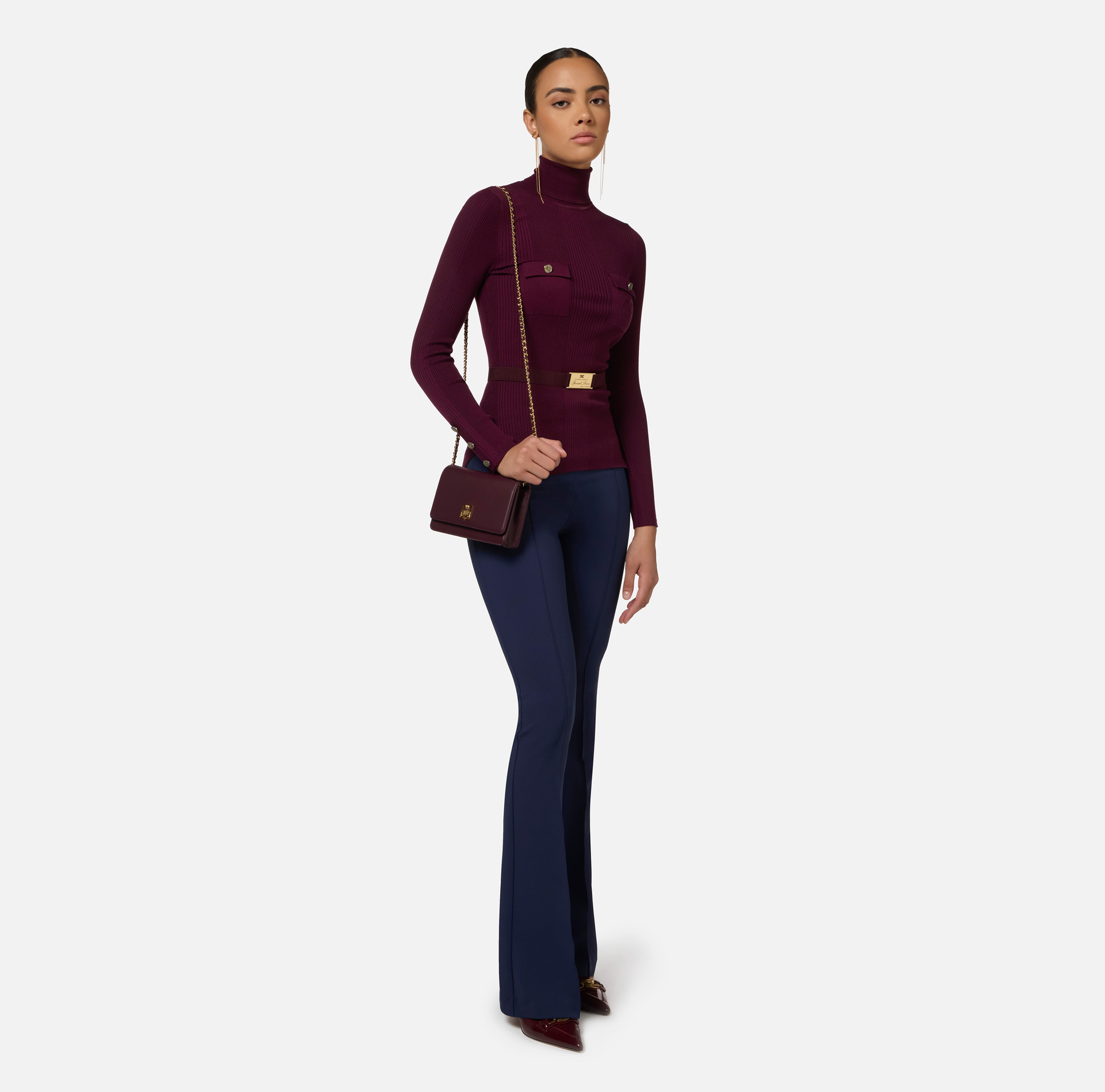 Turtleneck shirt in narrow-ribbed viscose and silk fabric with logo embroidery - Elisabetta Franchi® Outlet