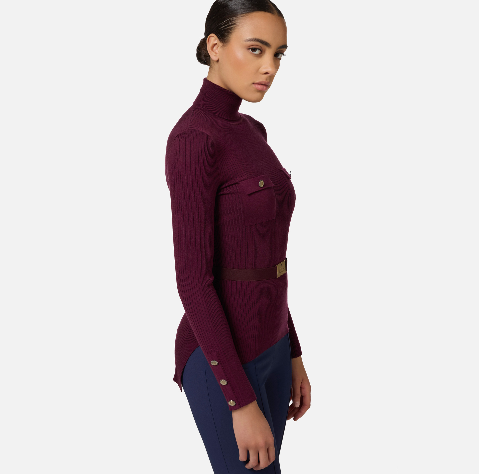 Turtleneck shirt in narrow-ribbed viscose and silk fabric with logo embroidery - Elisabetta Franchi® Outlet