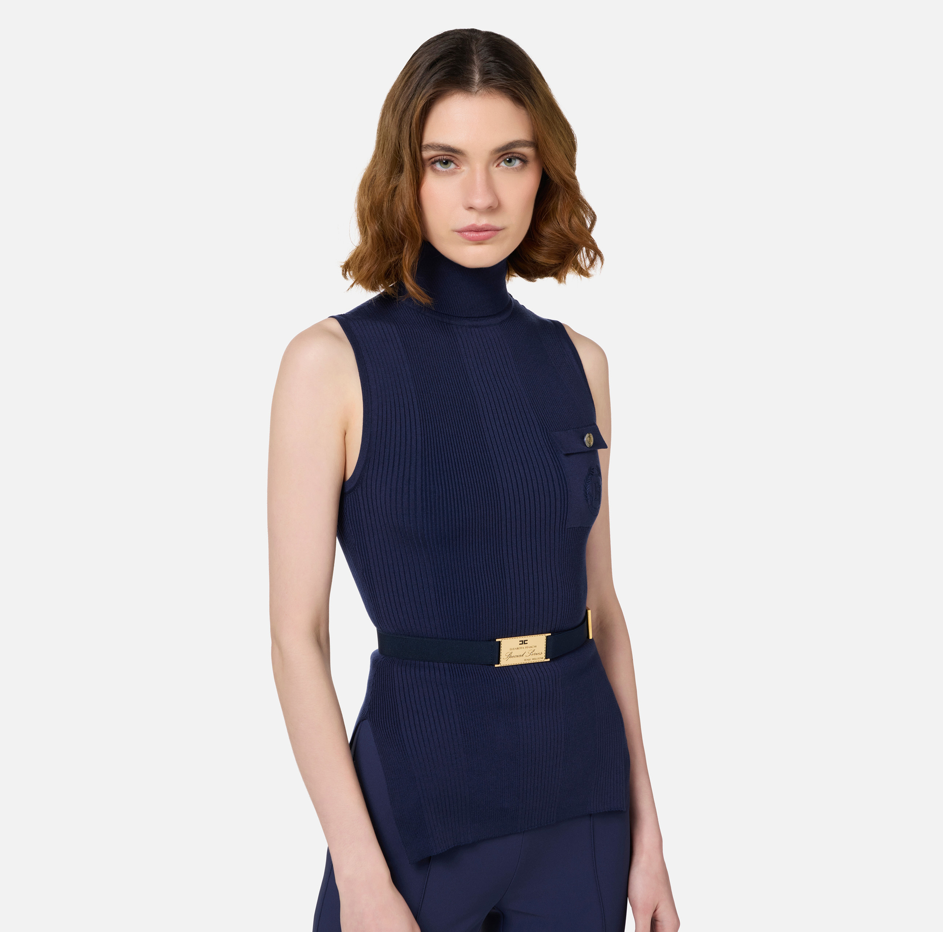 Top col roulé en viscose et soie côtelée avec broderie logo - Elisabetta Franchi® Outlet