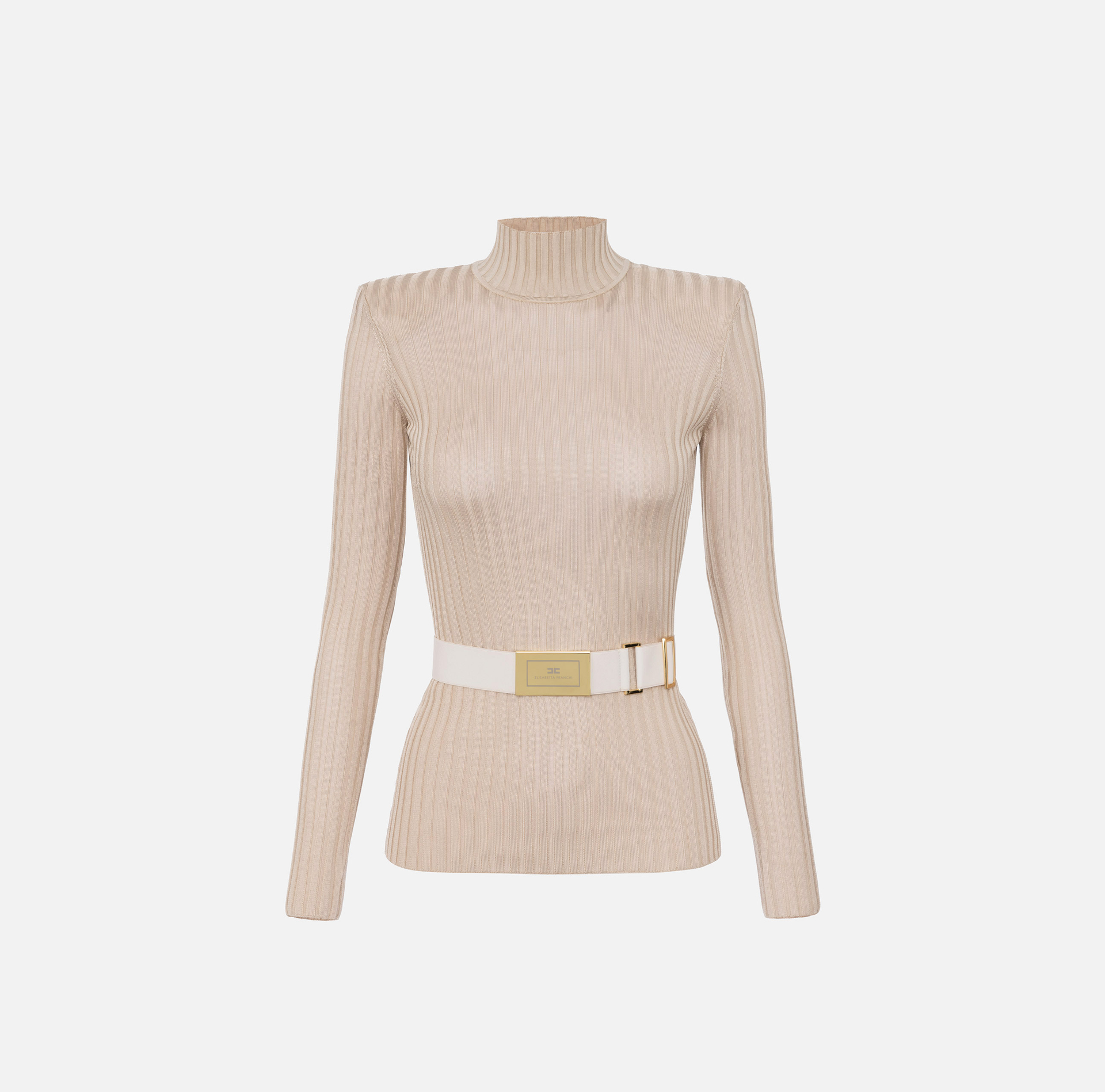 Dolcevita in viscosa lucida a costine con cintura - Elisabetta Franchi® Outlet