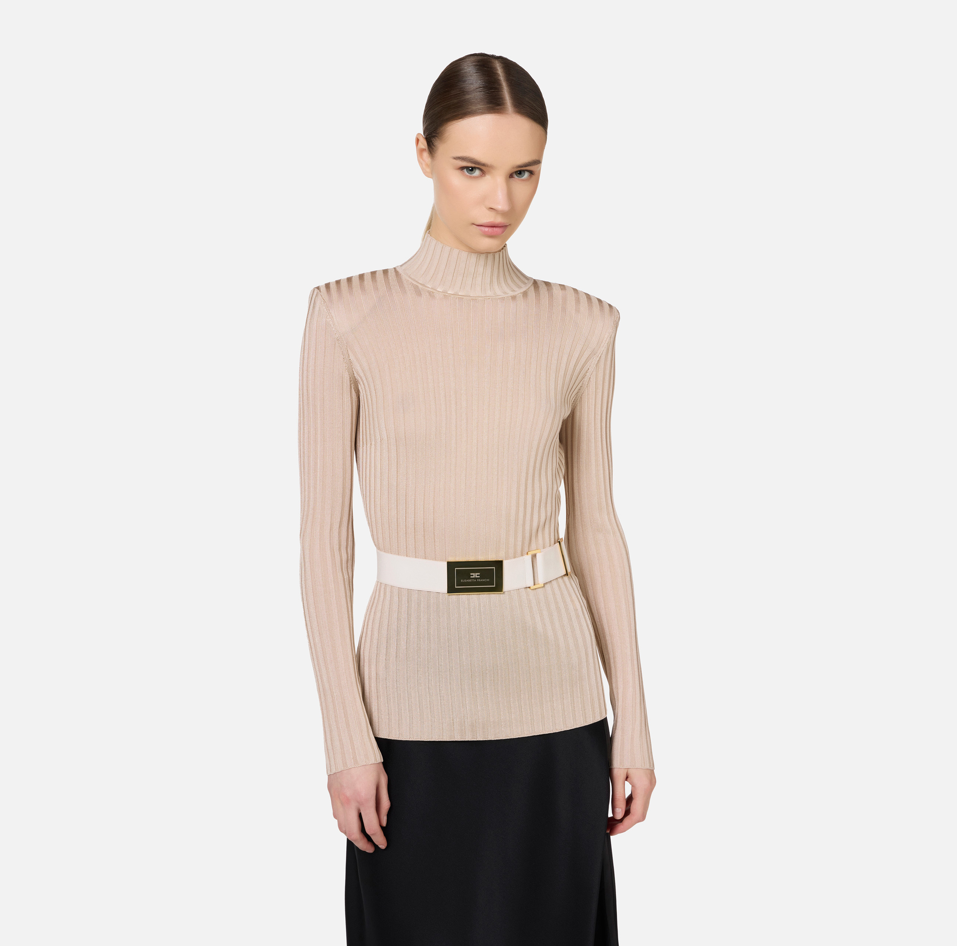 Dolcevita in viscosa lucida a costine con cintura - Elisabetta Franchi® Outlet