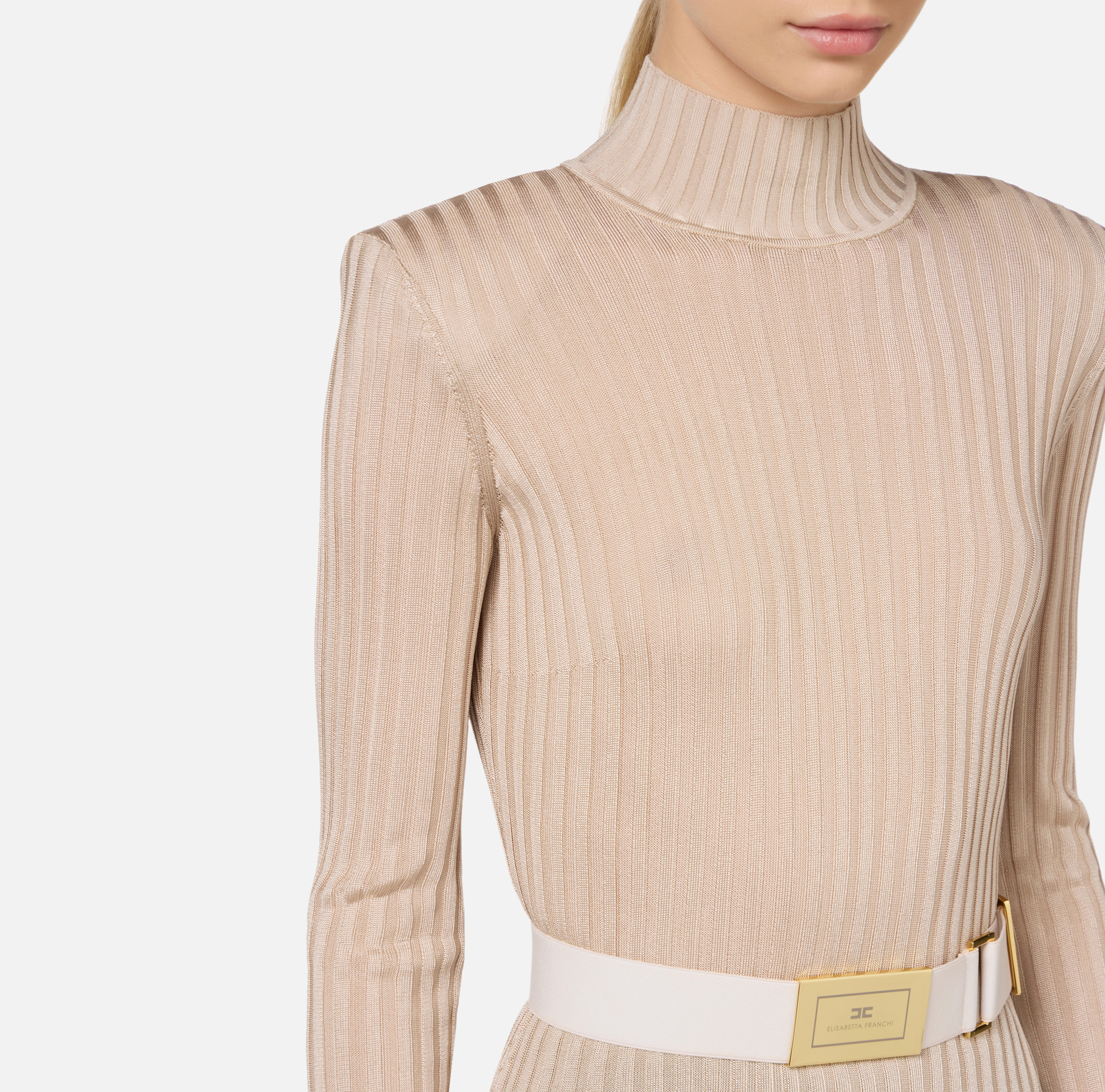 Dolcevita in viscosa lucida a costine con cintura - Elisabetta Franchi® Outlet
