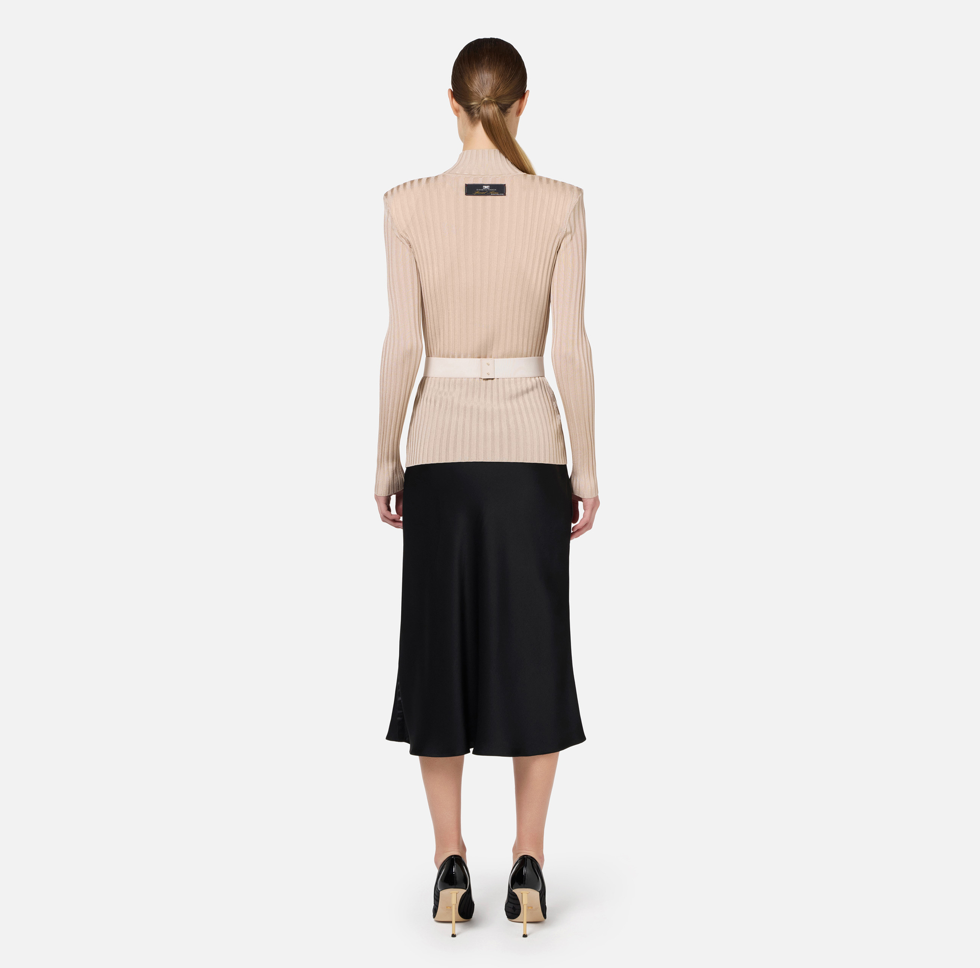Dolcevita in viscosa lucida a costine con cintura - Elisabetta Franchi® Outlet