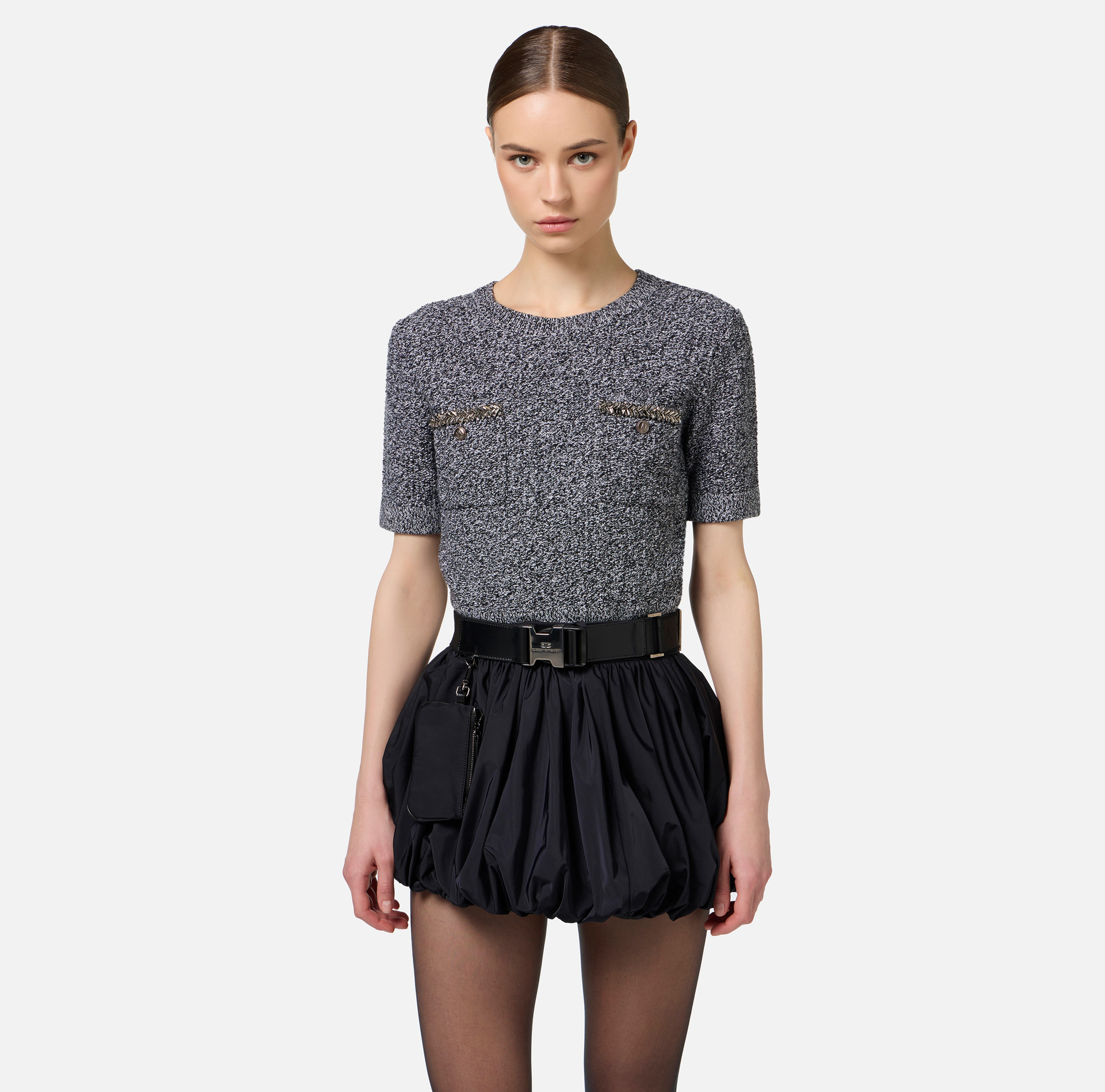 Tricot cropped en laine bouclée avec broderie - Elisabetta Franchi® Outlet